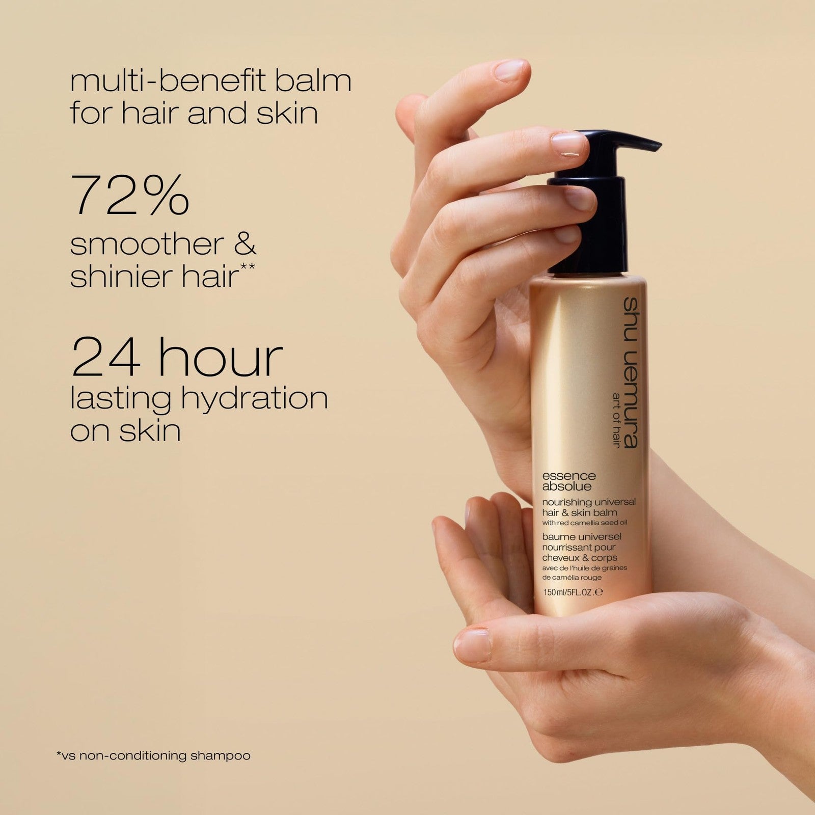 shu uemura art of hair Essence Absolue Nourishing Universal Balm, a multi-benefit hair treatment in a jar with creamy texture.