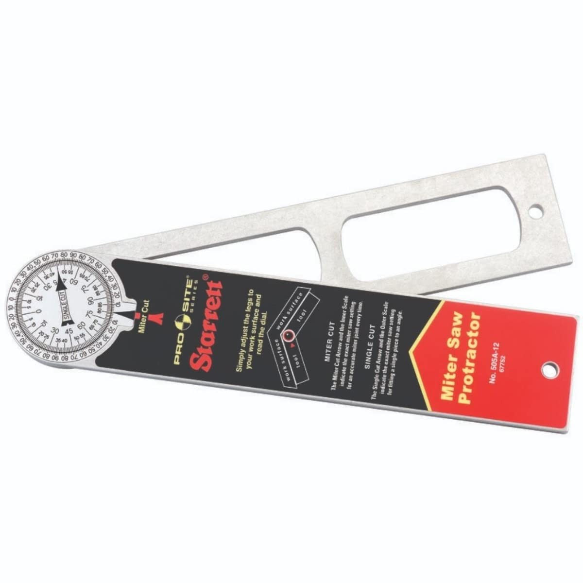 Starrett ProSite Miter Protractor with two laser-engraved scales, showing a close-up of the adjustable angle finder tool.