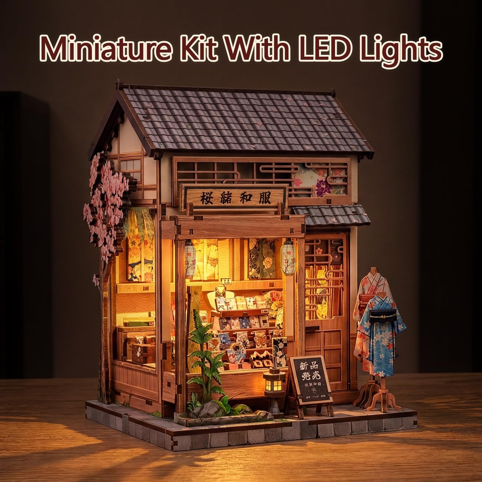 Fsolis Japanese Book Nook Kit miniature house on a bookshelf, detailed DIY dollhouse for adults, includes small furniture and decor elements.
