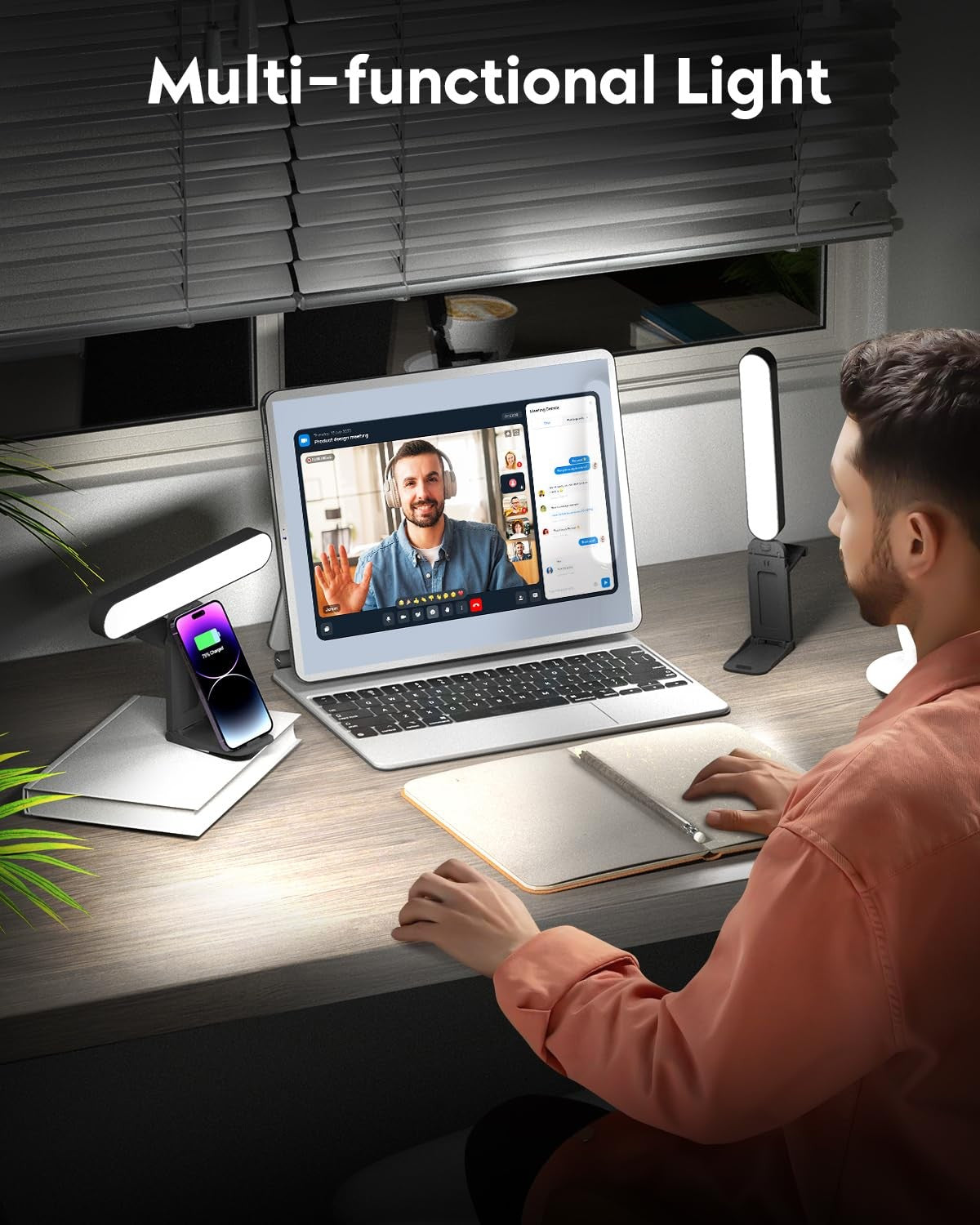 UBeesize video conference LED streaming light attached to a webcam, providing balanced illumination for video calls and streaming.