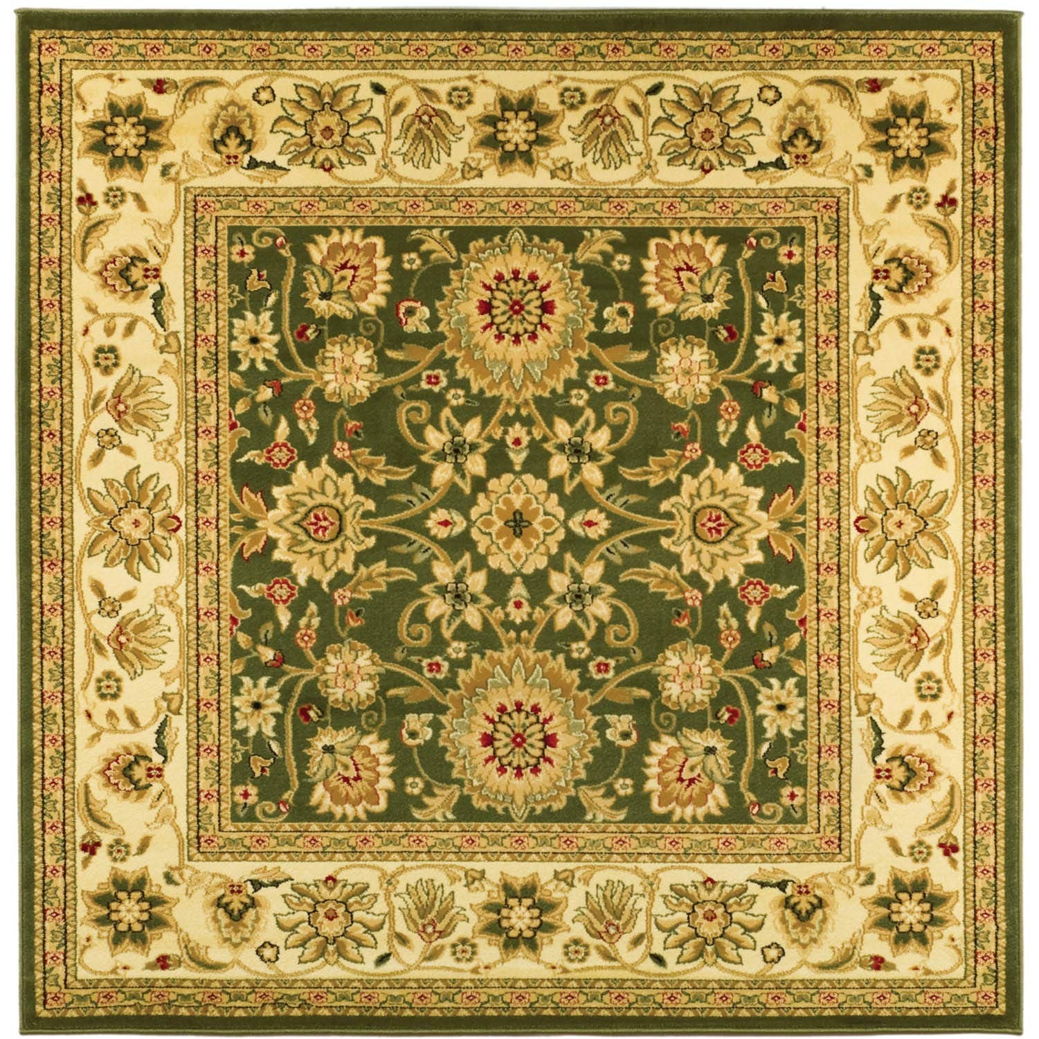 Safavieh Lyndhurst traditional area rug in sage and ivory with intricate floral patterns, measuring 53 square feet.