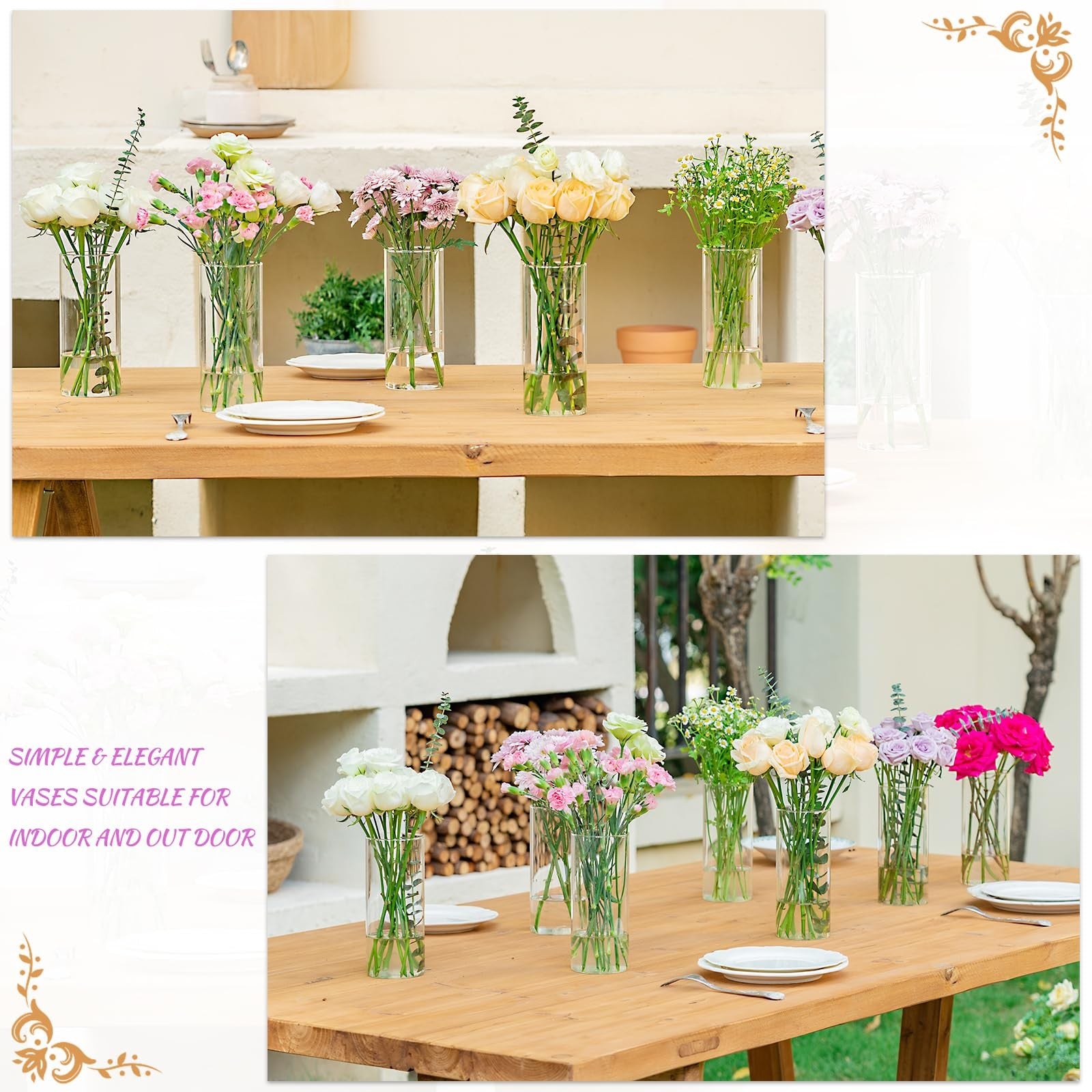 Set of seven 8-inch tall glass cylinder vases by DYMFADFB for centerpieces, showcasing clear, sleek glass design.