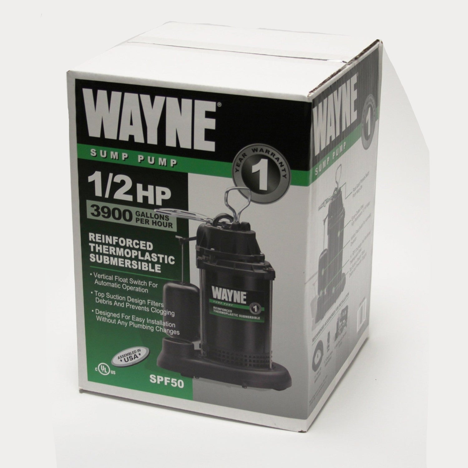 Wayne SPF50-1/2 HP epoxy-coated steel and thermoplastic submersible sump pump with motor and discharge pipe visible in the image.