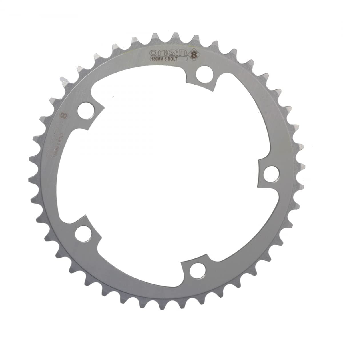 Origin8 alloy 38T 130mm 5-bolt road bike chainring with polished finish, designed for cycling and bike drivetrain.