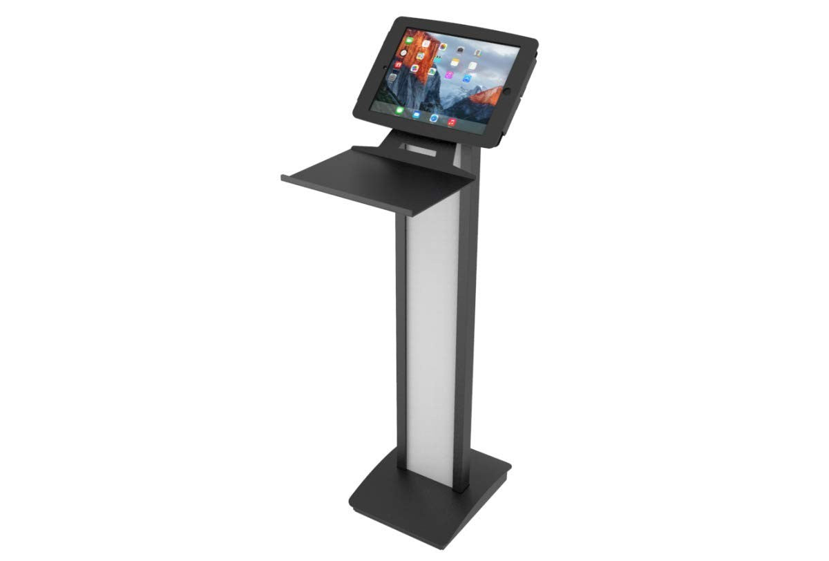 Compulocks UKBTRAYB black universal tablet enclosure kiosk with wall-mounted keyboard tray and secure tablet holder.