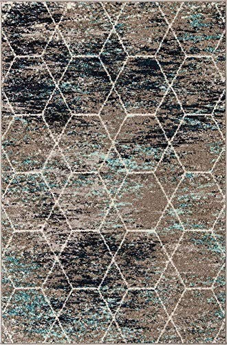 Blue multi-colored geometric area rug from Unique Loom Trellis Frieze Collection, 4x6 feet, with intricate pattern and soft texture.