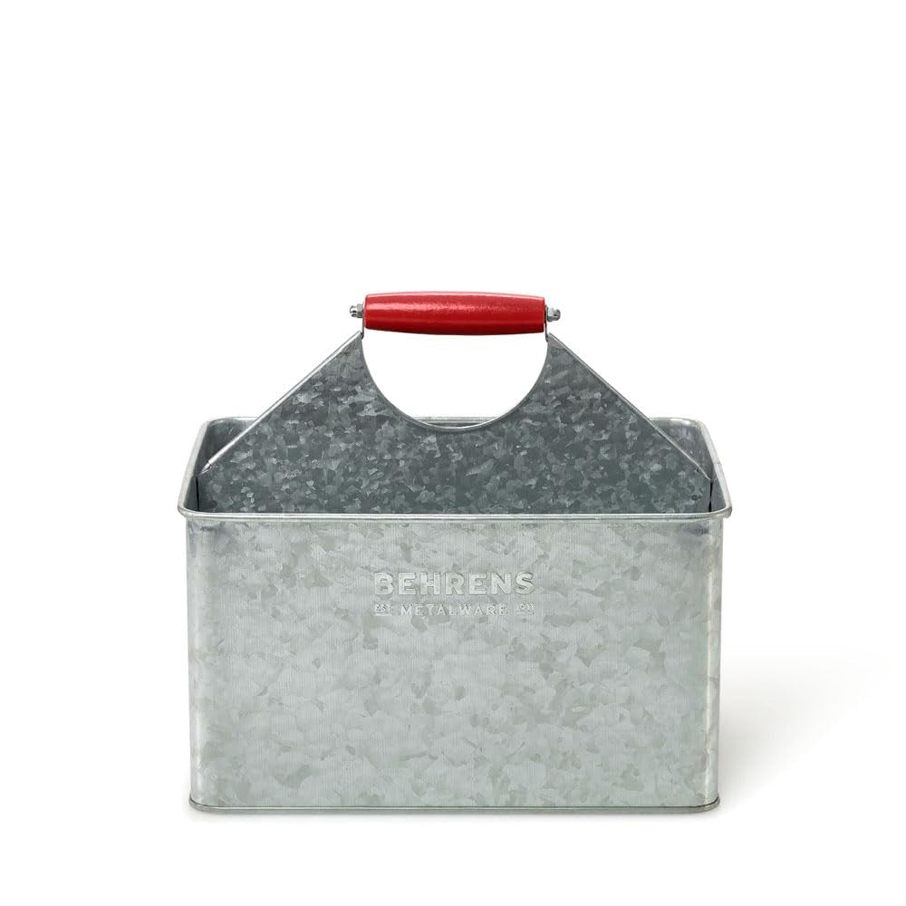 Galvanized rectangular partitioned cleaning caddy with red handle, Behrens brand, ideal for organizing cleaning tools and supplies.