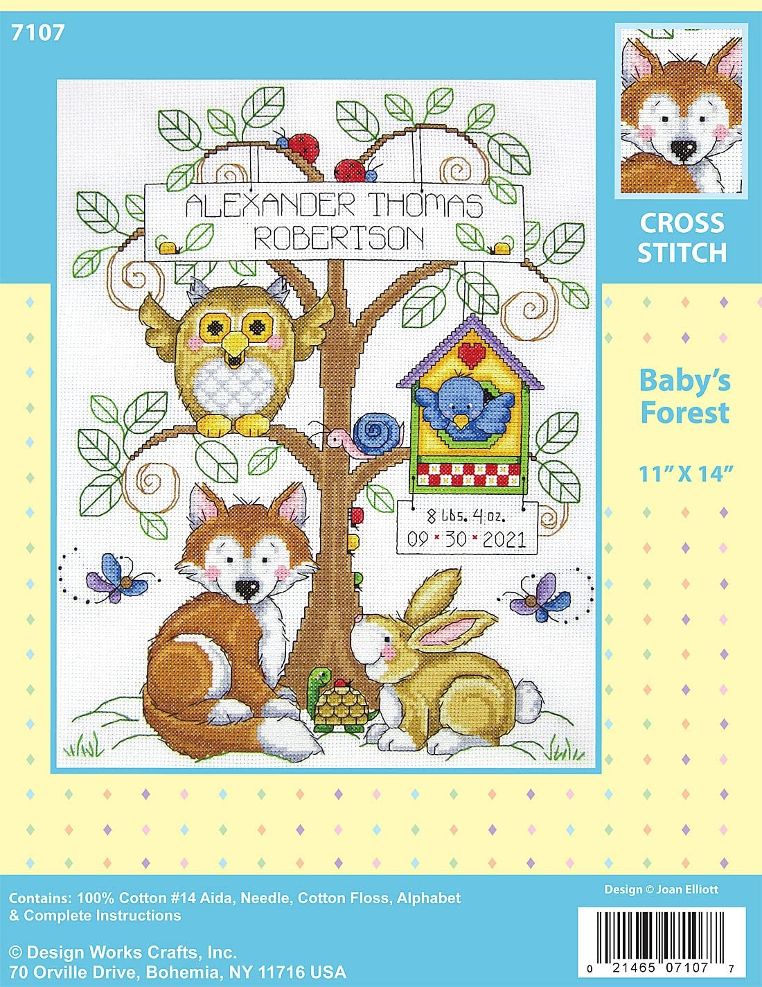 Design Works Crafts Baby's Forest counted cross stitch kit with colorful fabric and detailed chart showing woodland animals.