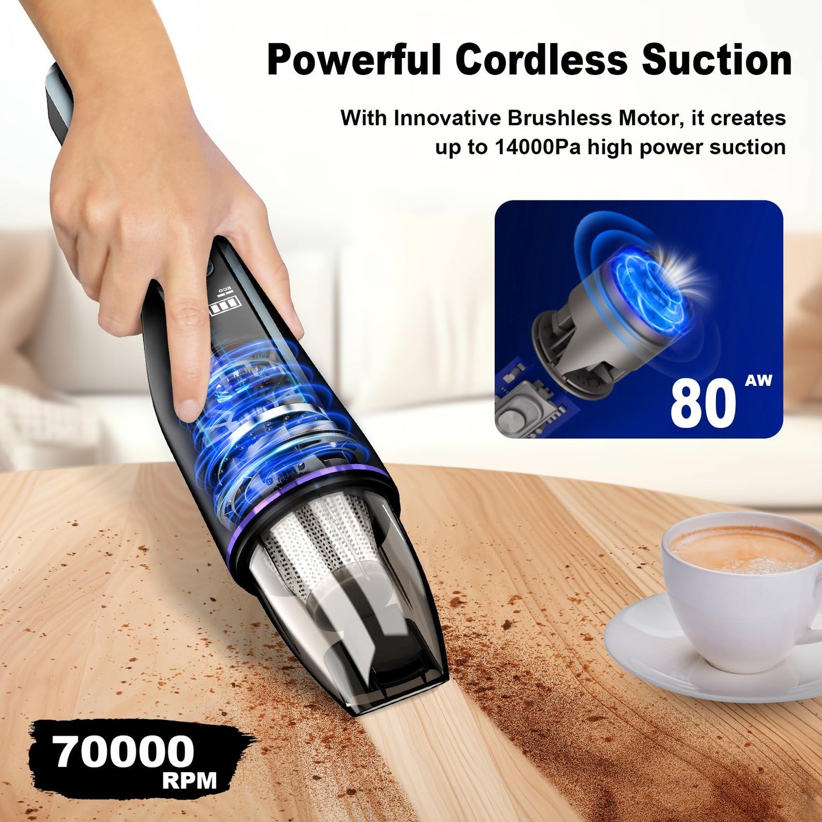 DRECELL handheld car vacuum cleaner with brushless motor and 14000Pa suction power, compact and portable for cleaning car interiors.