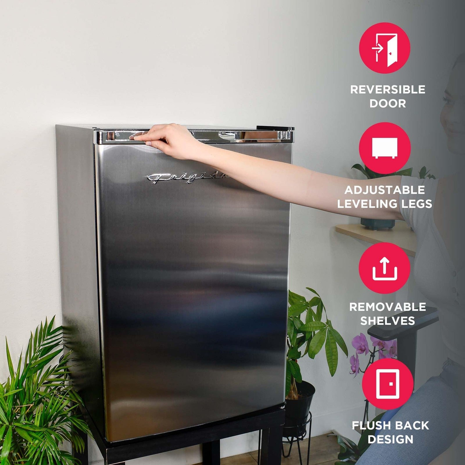 Frigidaire Platinum Series 4.5 Cu Ft stainless steel refrigerator door with sleek design and modern handles.