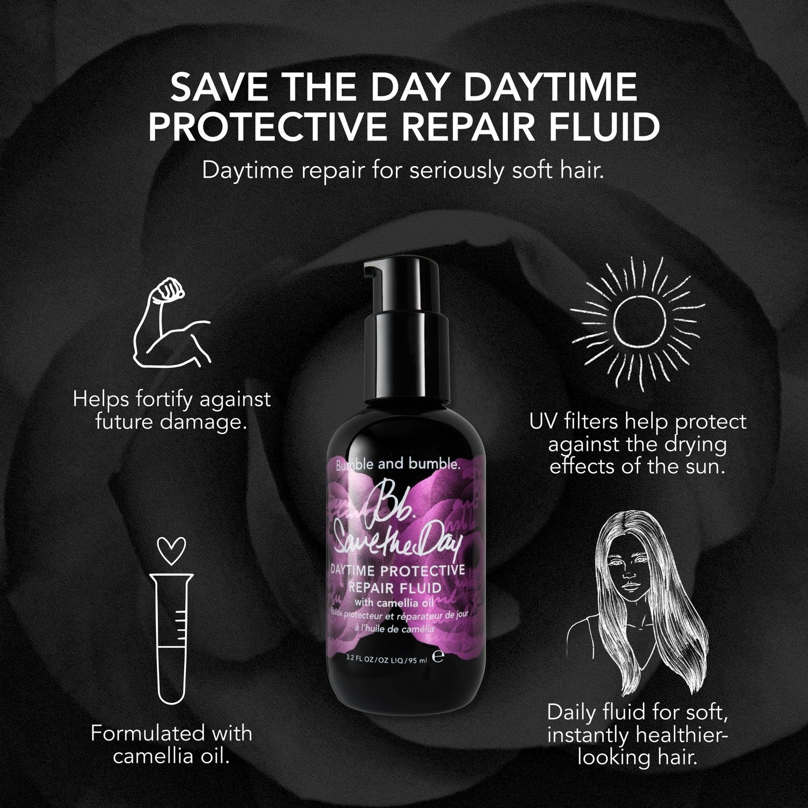 Bumble and bumble Save the Day Protective Hair Repair Serum bottle with applicator for damaged hair repair and daily protection.