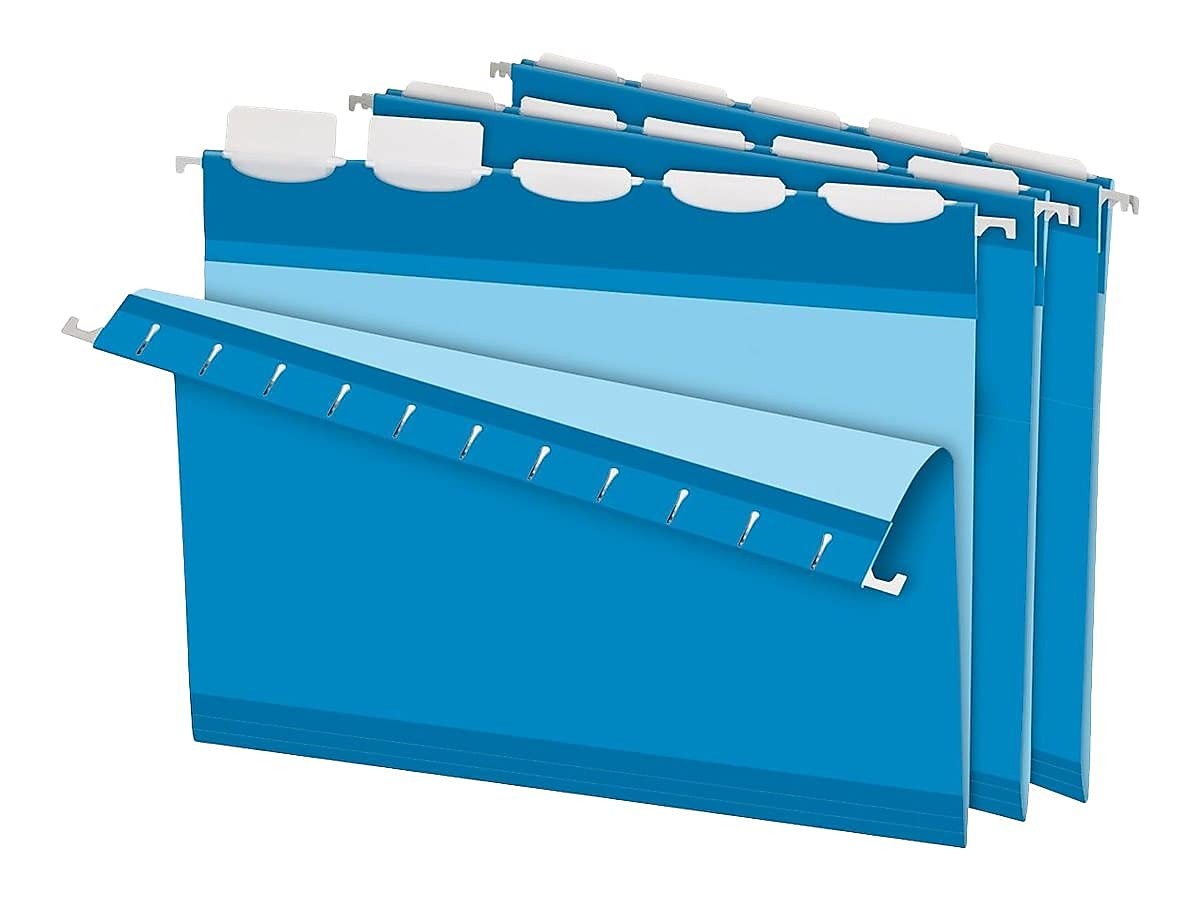 Blue Pendaflex Ready-Tab reinforced hanging folders with five tabs, letter size, shown in a box of 25 for organized filing.
