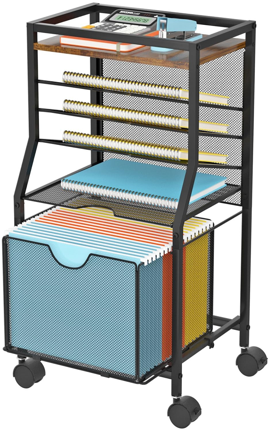 BOHDK 6-tier rolling file cart with lockable wheels, brown wood finish, used as desk organizer and storage solution