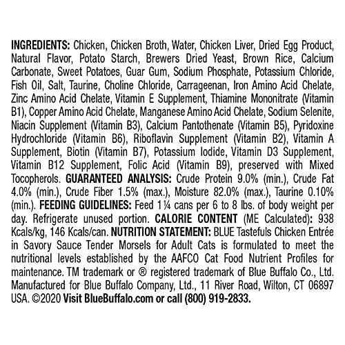 Blue Buffalo Tastefuls Natural Tender Morsels Wet Cat Food with chicken entrée, 5.5 oz, showing the canned food and packaging.