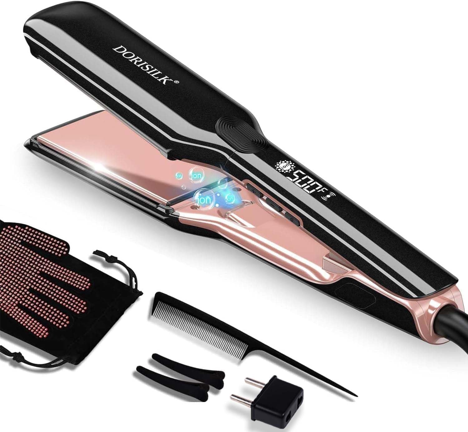 DORISILK professional ceramic flat hair straightener with wide plates and 500-degree high-temperature setting for sleek styling