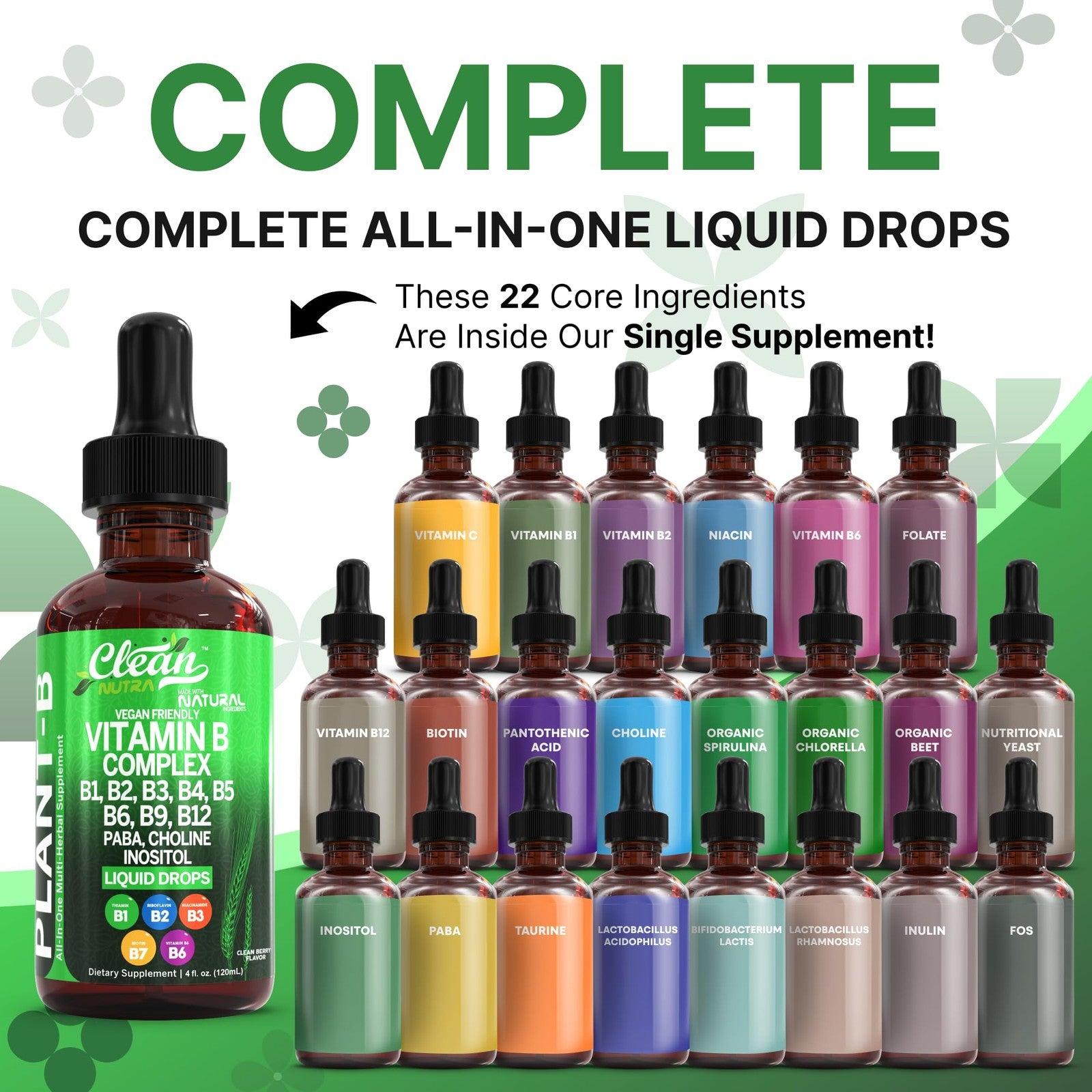 Clean Nutraceuticals Vitamin B Complex Liquid Drops with Thiamine, B6, B2, B3, B4, B5, B7, B9, B12, in a clear dropper bottle.