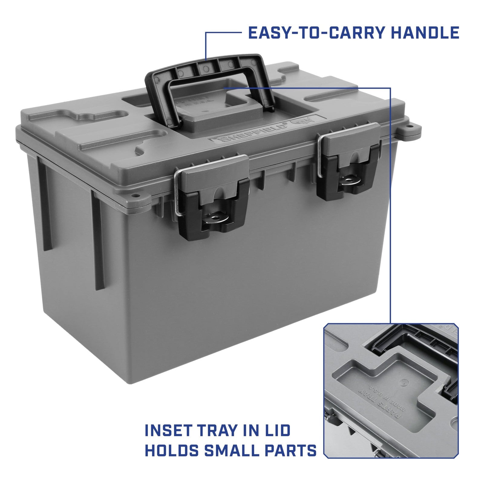 Two Sheffield XL storage bins with lids, stackable plastic bins for organization and storage.
