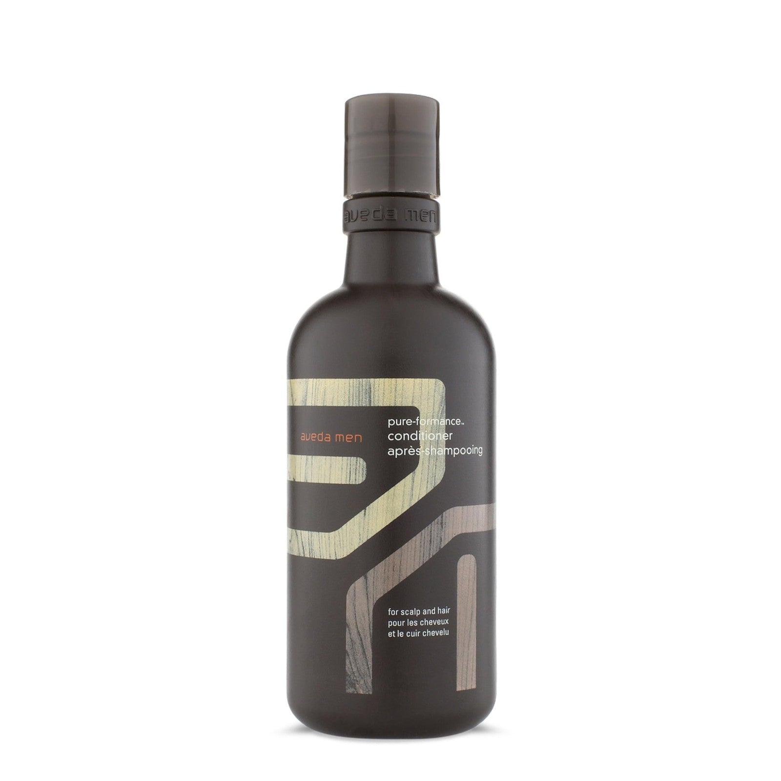 Aveda Men Pure-Formance Conditioner in a 33.8 oz bottle, lightweight formula suitable for all hair types, displayed in a natural setting.