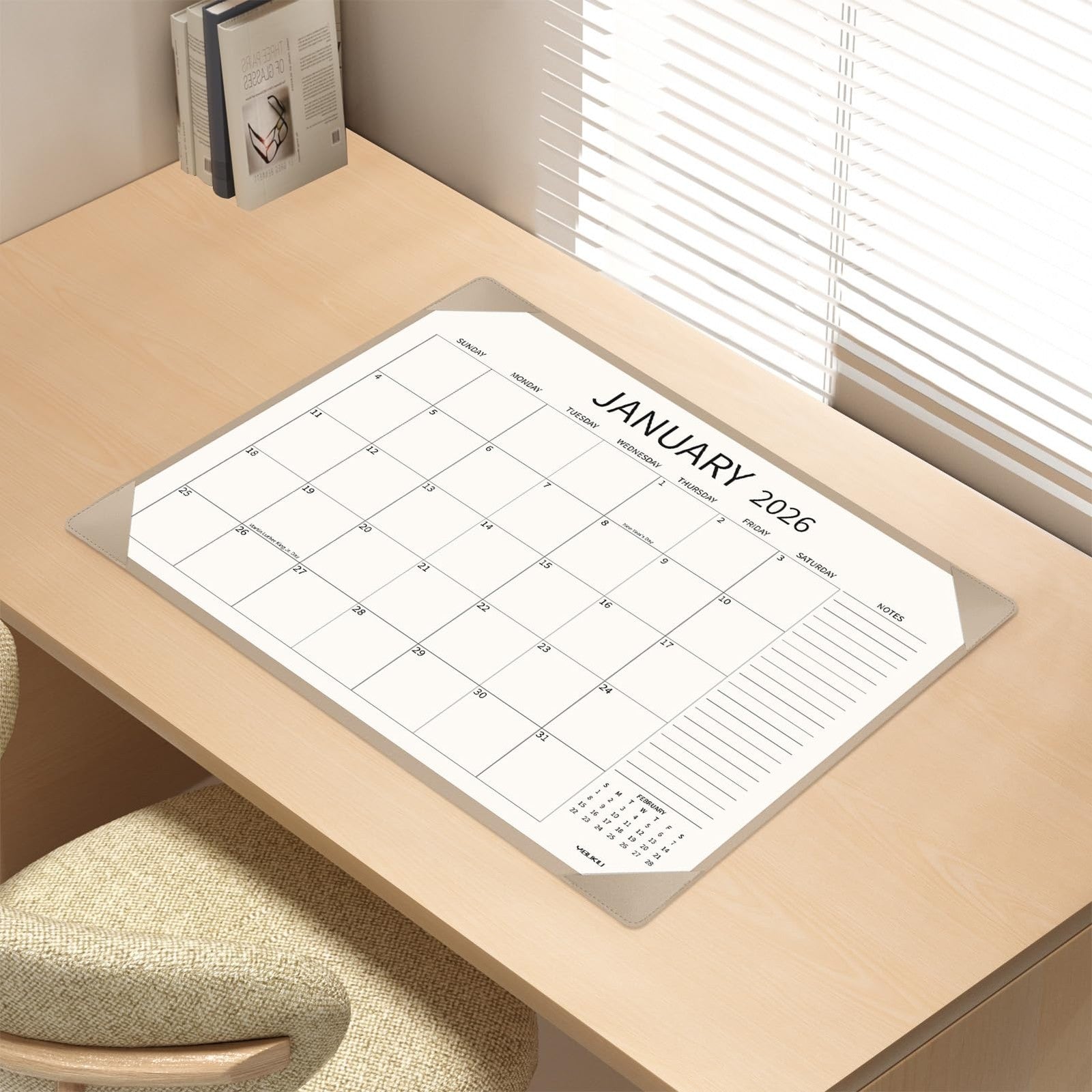 YIBUKIU Desk Calendar 2026-2027, large 22x17 inch, open view showing January to June 2026 with colorful pages.