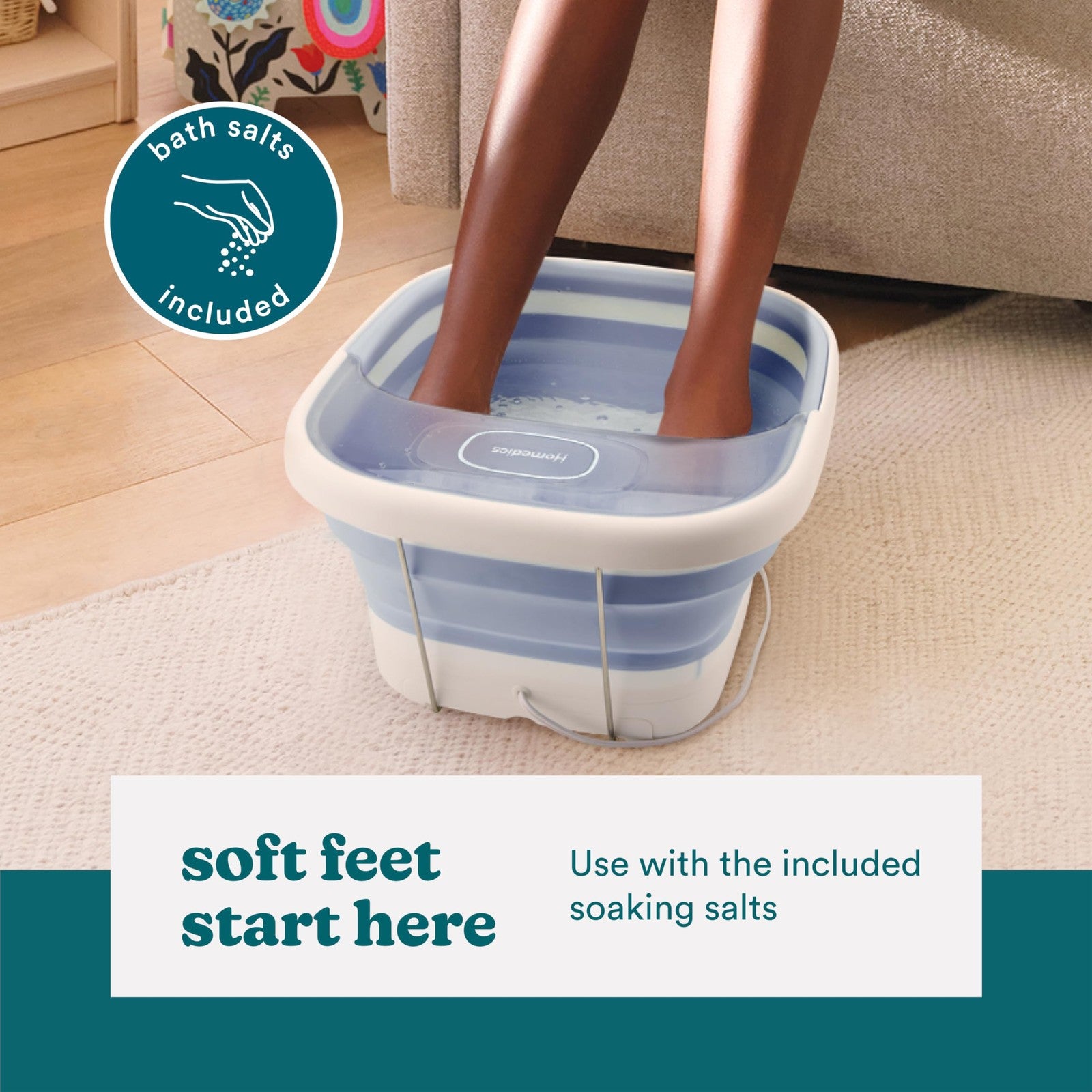 Homedics Smart Space Essential collapsible footbath with invigorating bubble massage, shown expanded with water and bubbles.