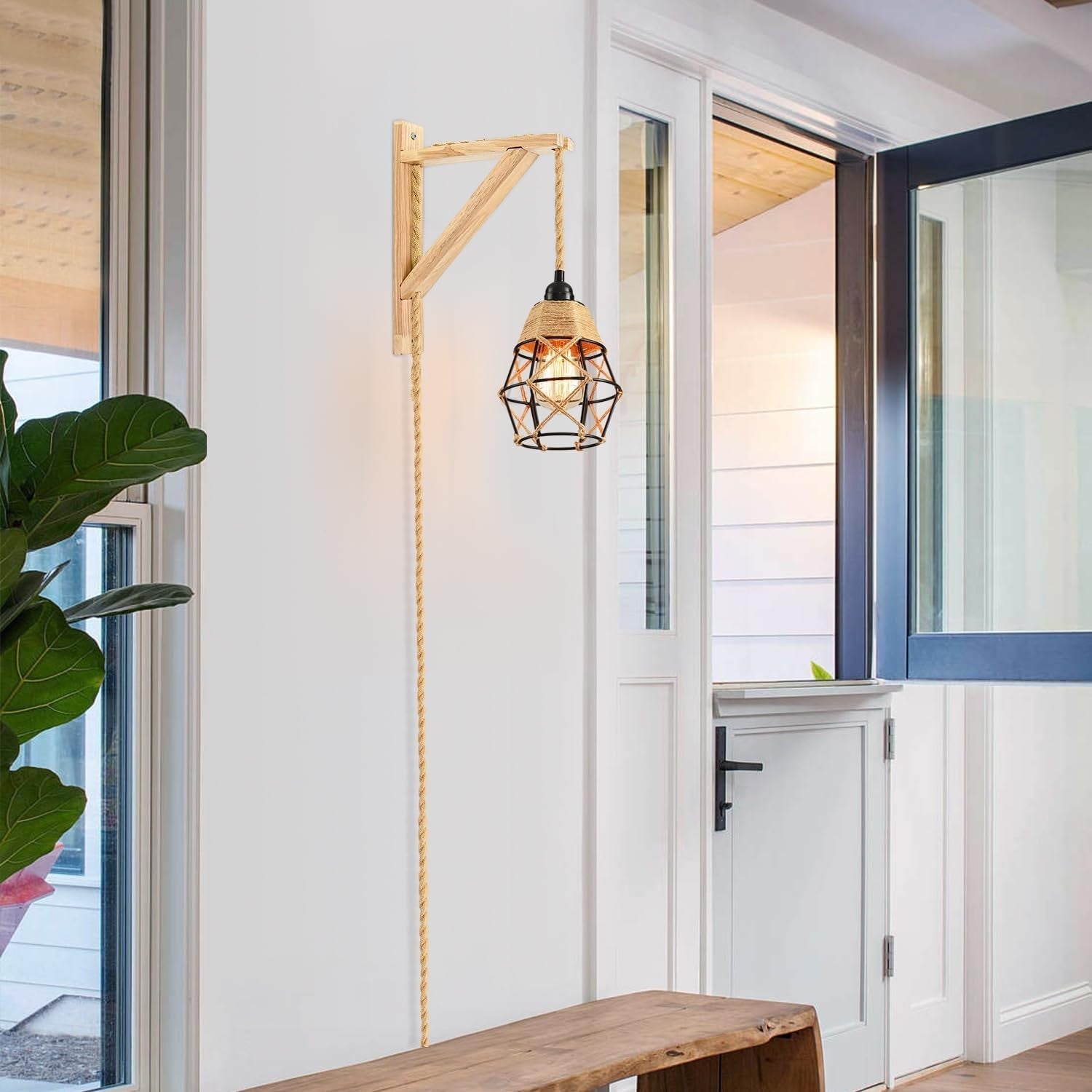 Industrial hanging light with plug-in cord, hemp rope, and on/off switch, by CAFULAM, in farmhouse style.