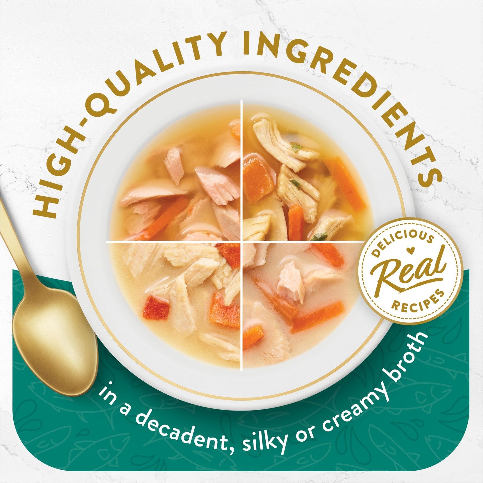 Fancy Feast Purina Broth Complement with chicken and seafood, grain-free lickable wet cat food in a clear bowl.