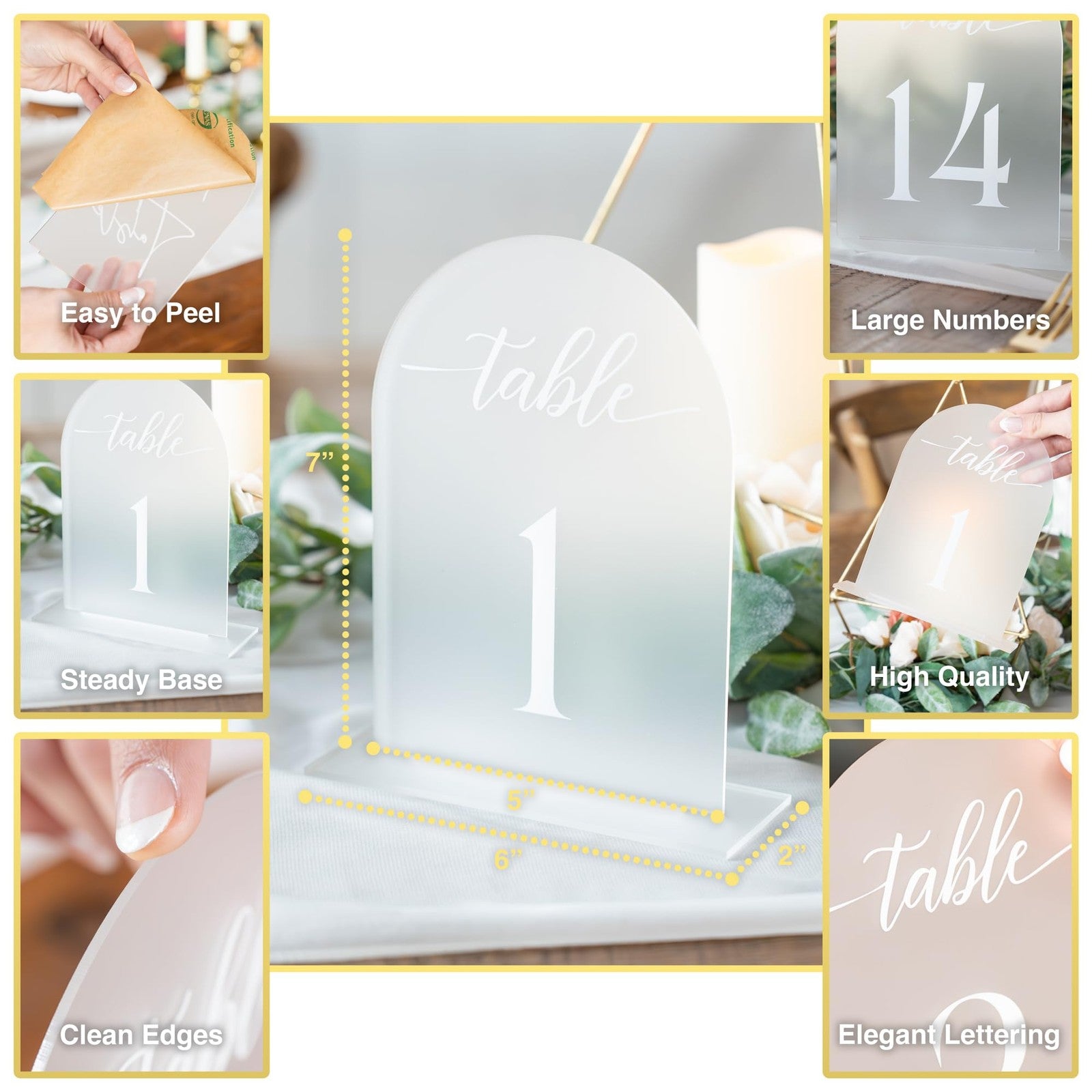 Frosted acrylic table number 5x7 inches with white font, ideal for wedding reception decor by SUBLIME SOIRÉE.
