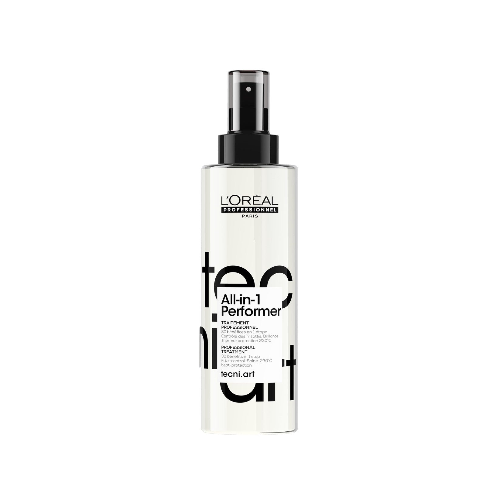 L'Oréal Professionnel Tecni.art All-in-1 Performer styling treatment spray bottle with pump, used for versatile hair styling.