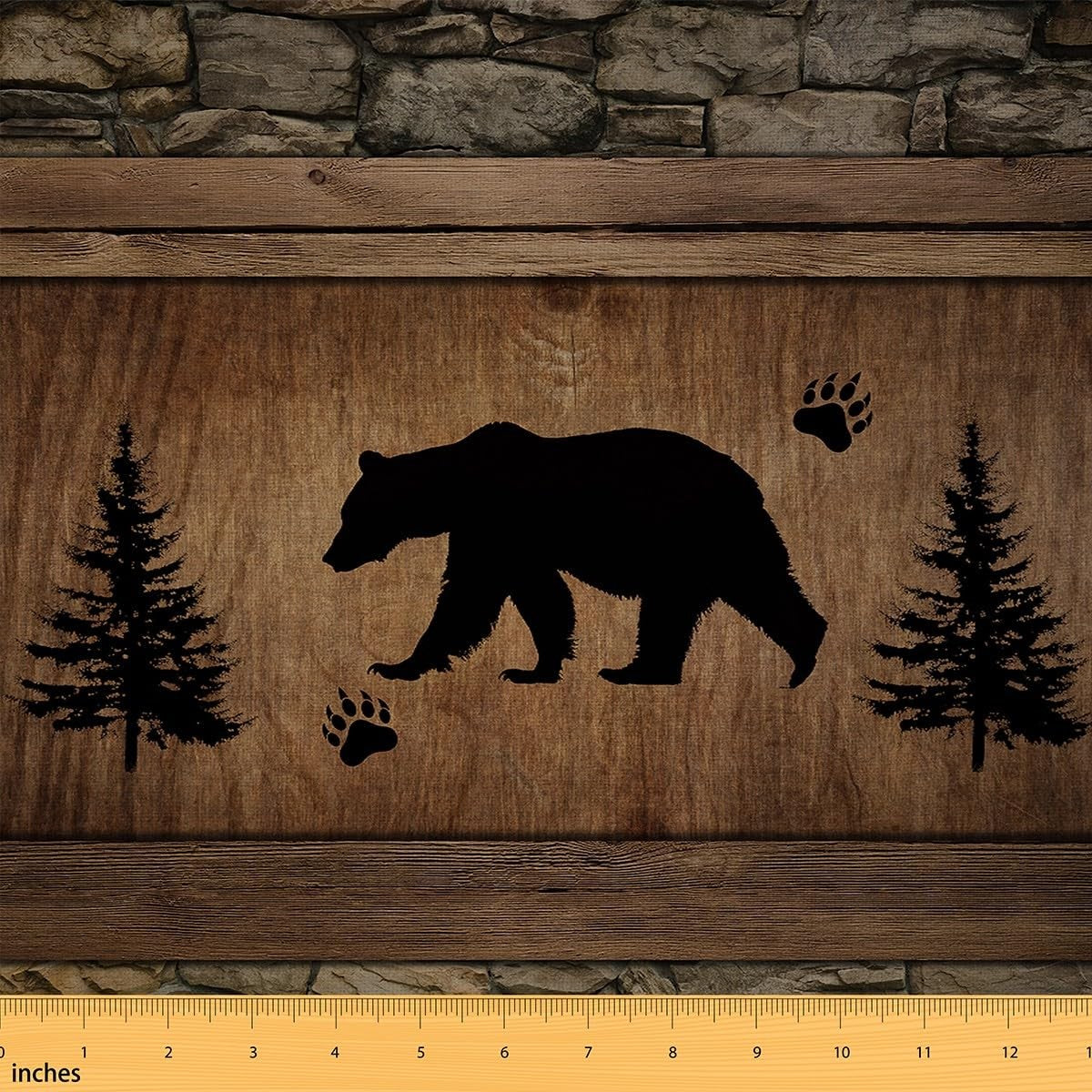 Rustic Bear fabric by Castle Fairy featuring vintage wildlife silhouette in waterproof outdoor material, ideal for outdoor crafts and decor.