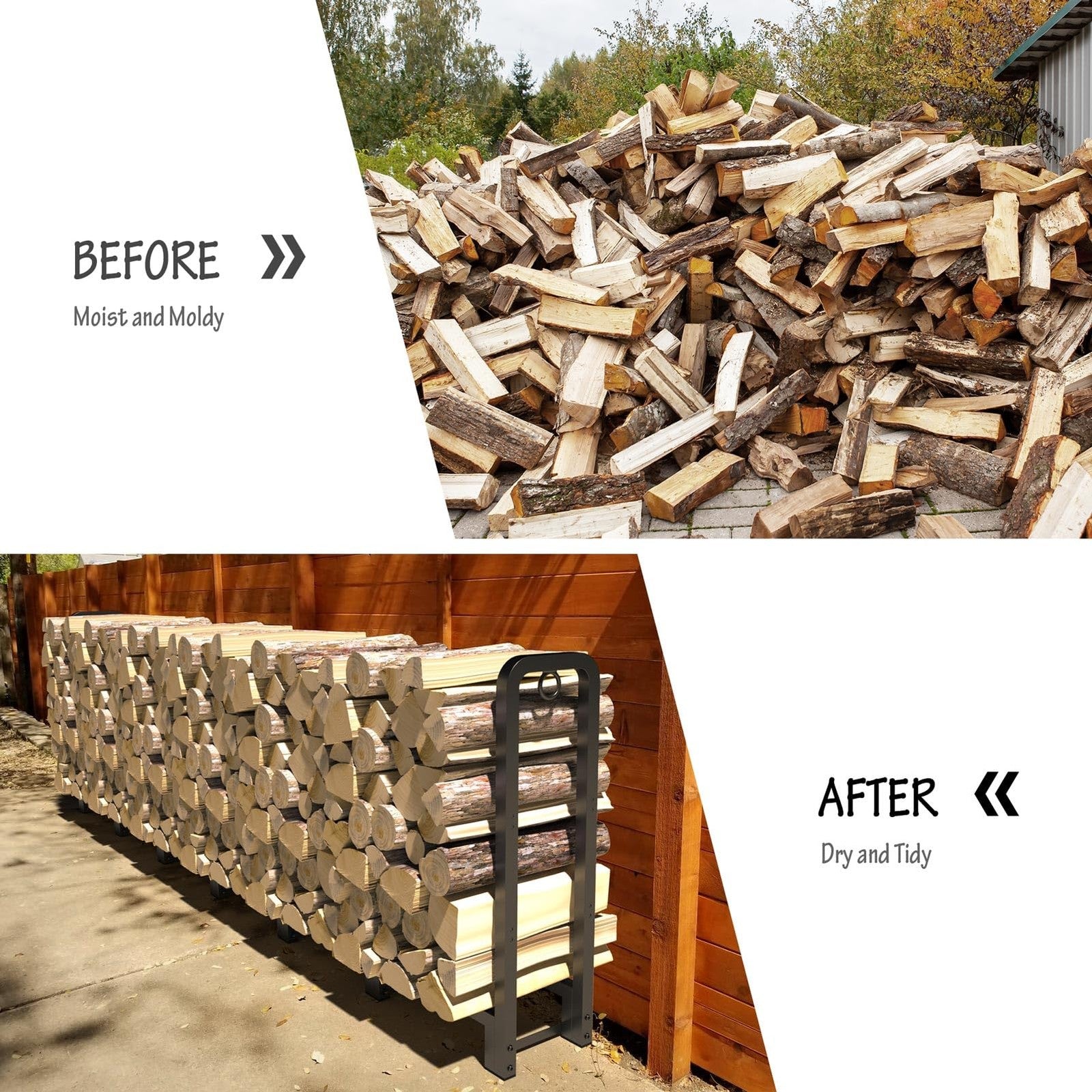 SunyesYoon 80-inch outdoor firewood rack with waterproof cover, heavy-duty metal log storage for outdoor use.
