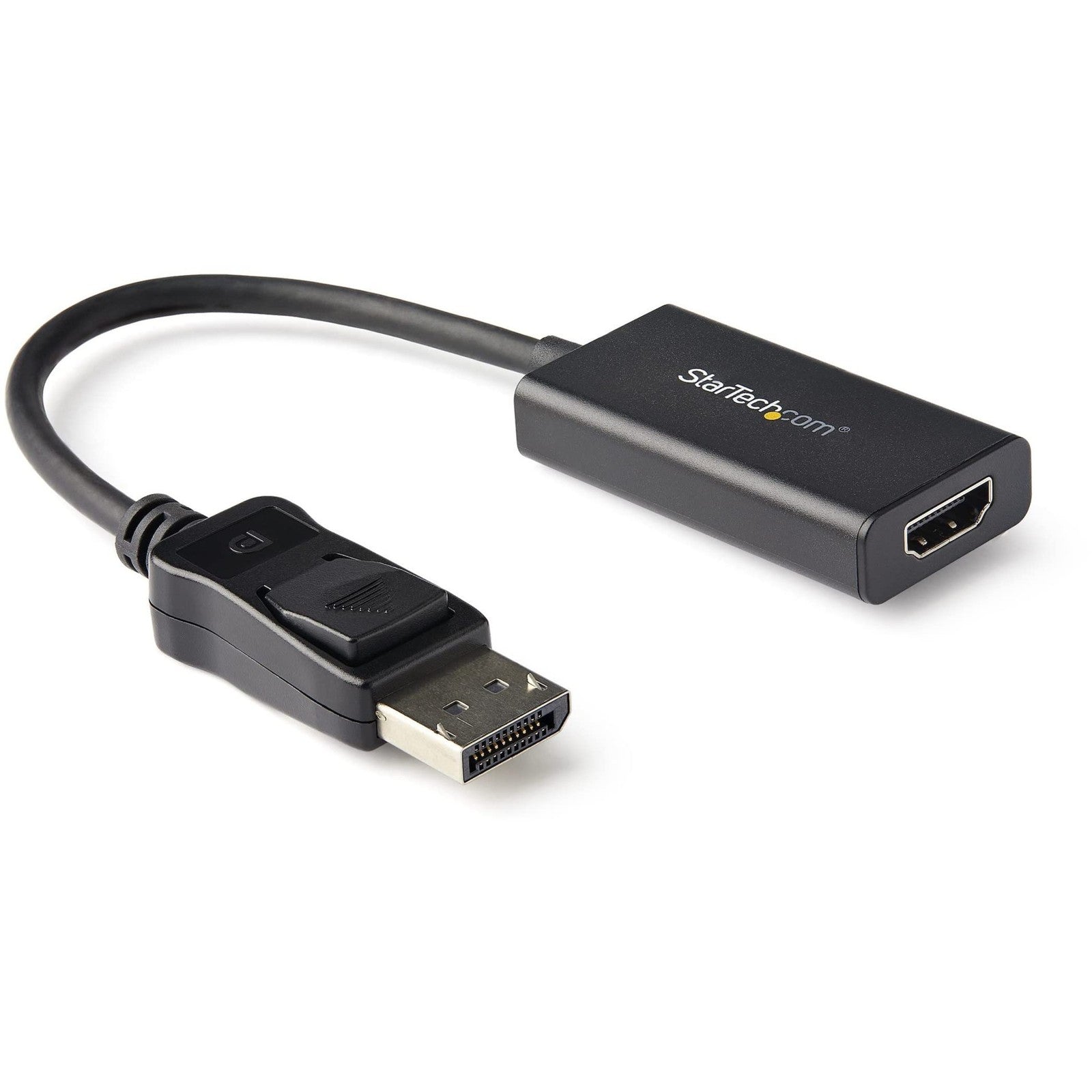 StarTech.com DisplayPort to HDMI adapter showing a compact black device with ports for connecting DisplayPort and HDMI cables.
