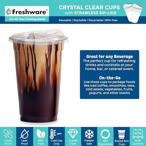 Freshware 20 oz clear disposable plastic cups with strawless sip lids, 100-pack, showing transparent cups and lids for beverages.
