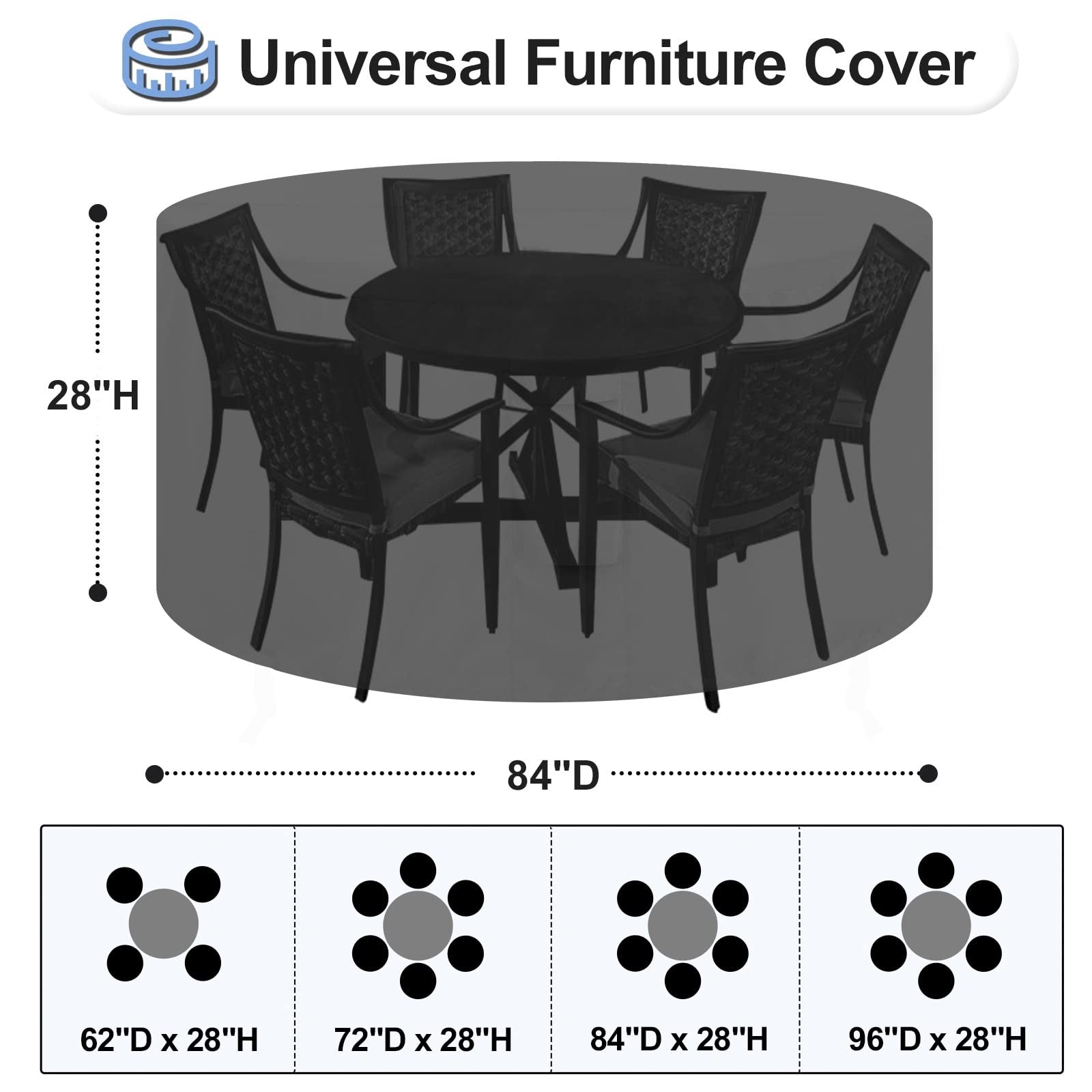OutdoorLines waterproof round patio furniture cover for outdoor table and couch, protects outdoor furniture from weather elements.