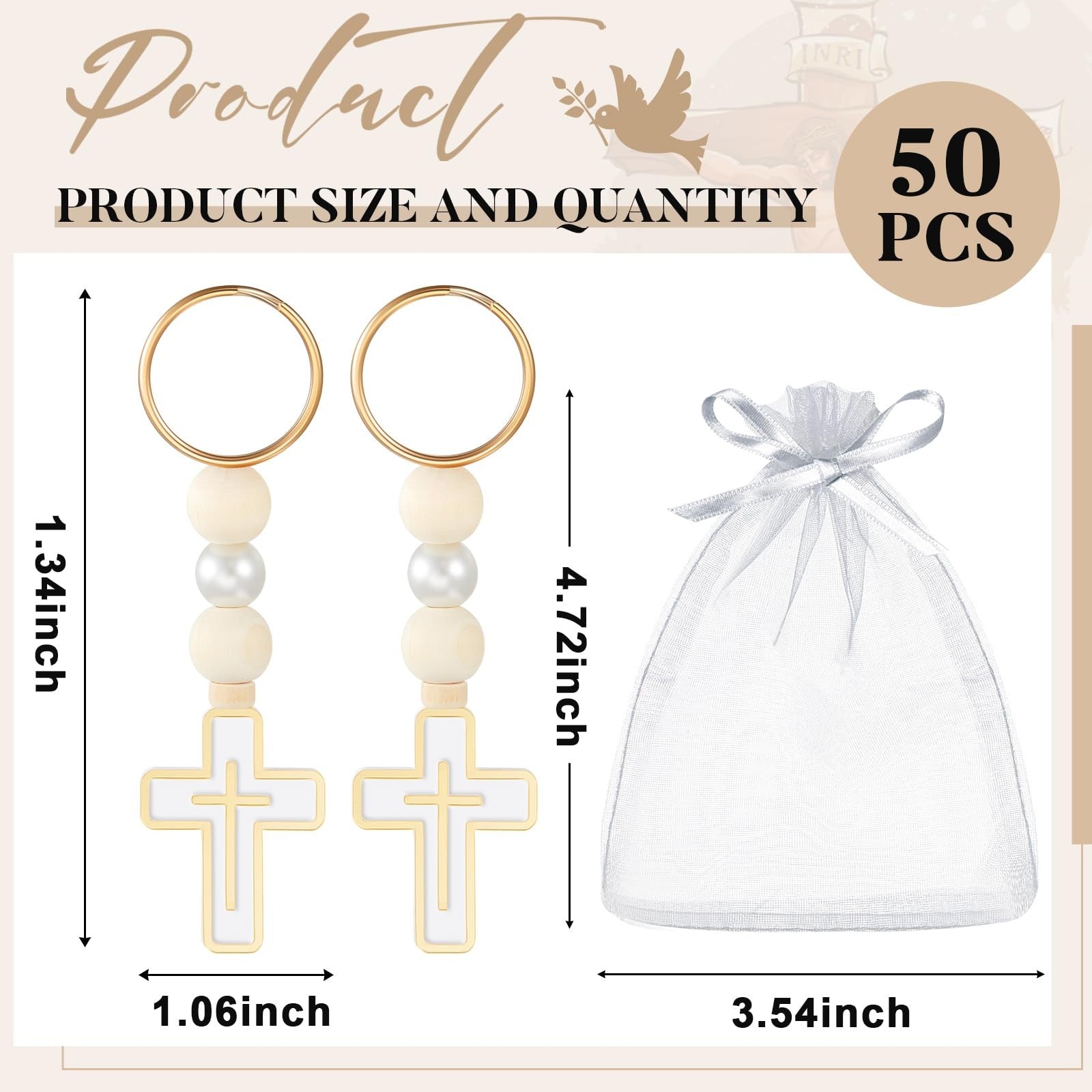Quelay First Holy Communion rosary beads with cross crucifix, displayed in a set of 50, featuring detailed beads and religious design.