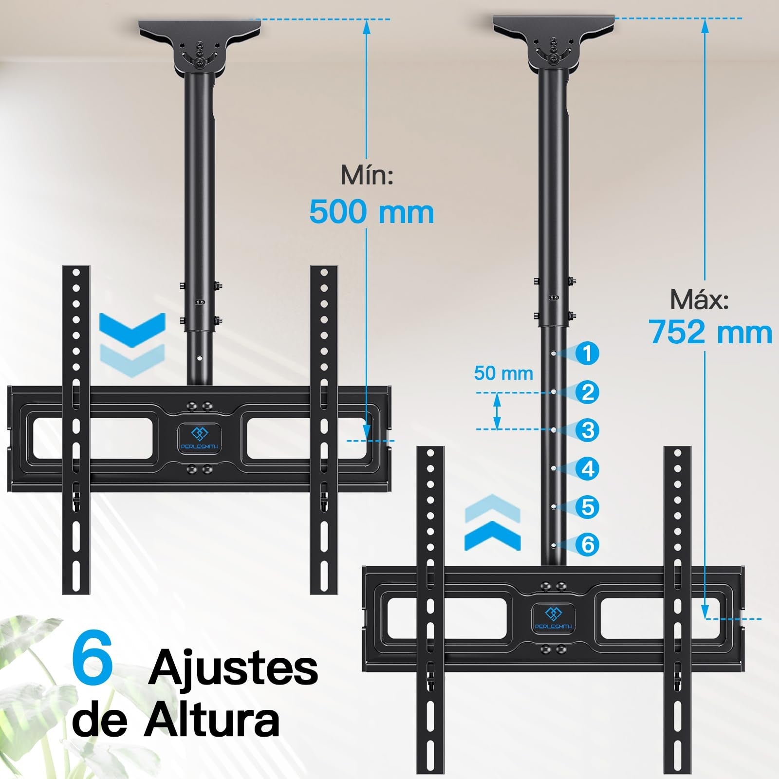 PERLESMITH ceiling TV mount for 26-65 inch flat screens with adjustable VESA 400x400mm, ceiling attachment, and secure mounting.