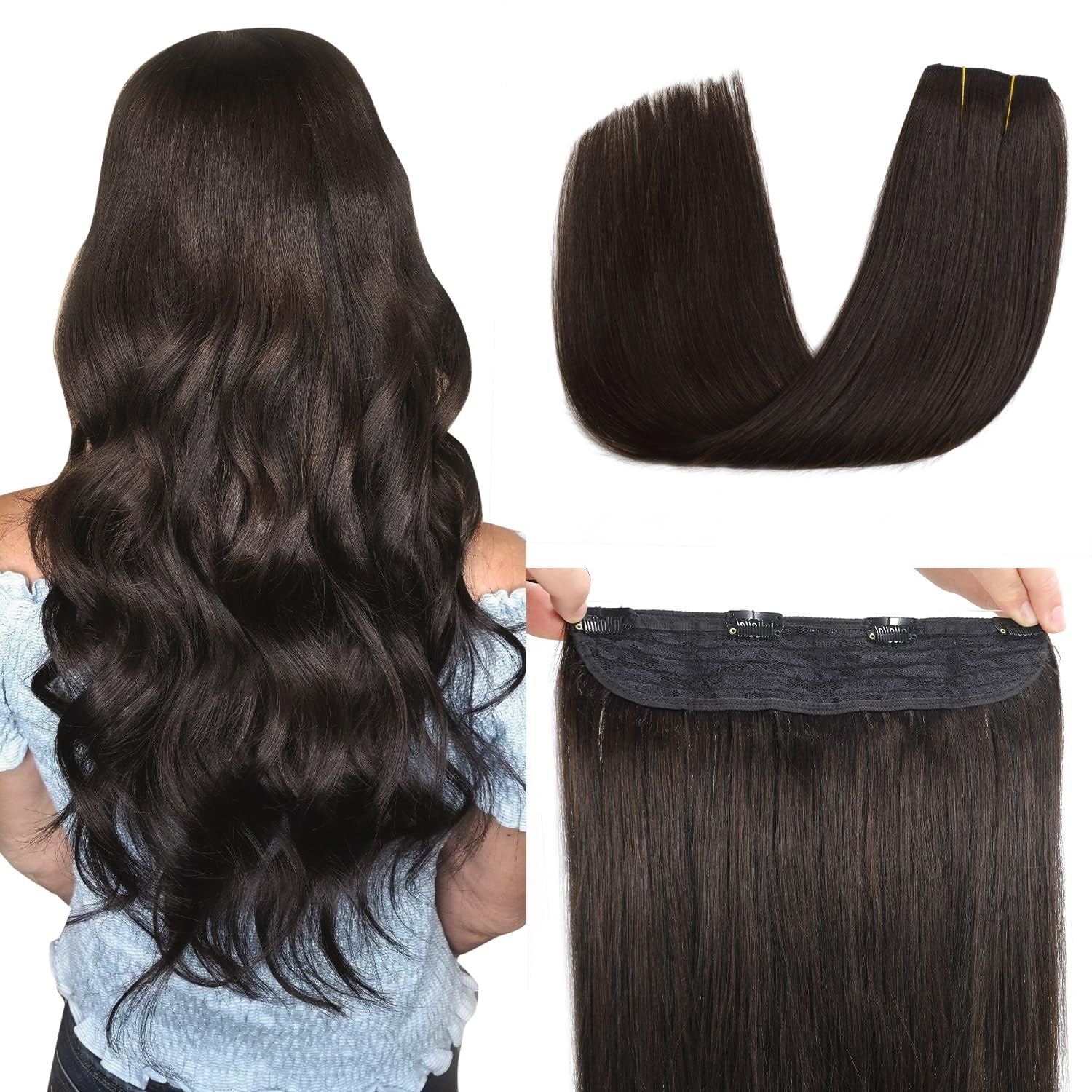XDhair Invisible Wire Hair Extensions in natural black, real human hair, 70g, with discreet wire attachment for seamless blending