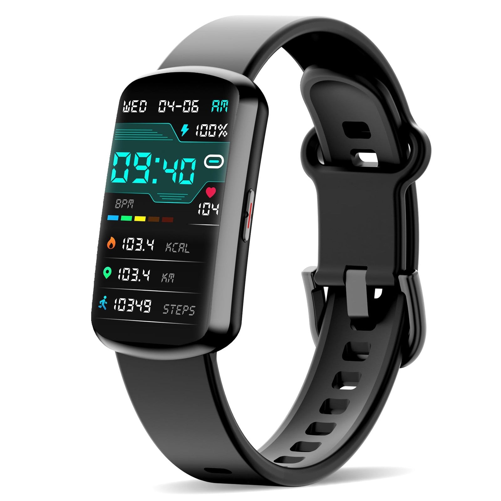 JYUAJOI health fitness tracker smart watch displaying heart rate and blood pressure readings on a digital screen.
