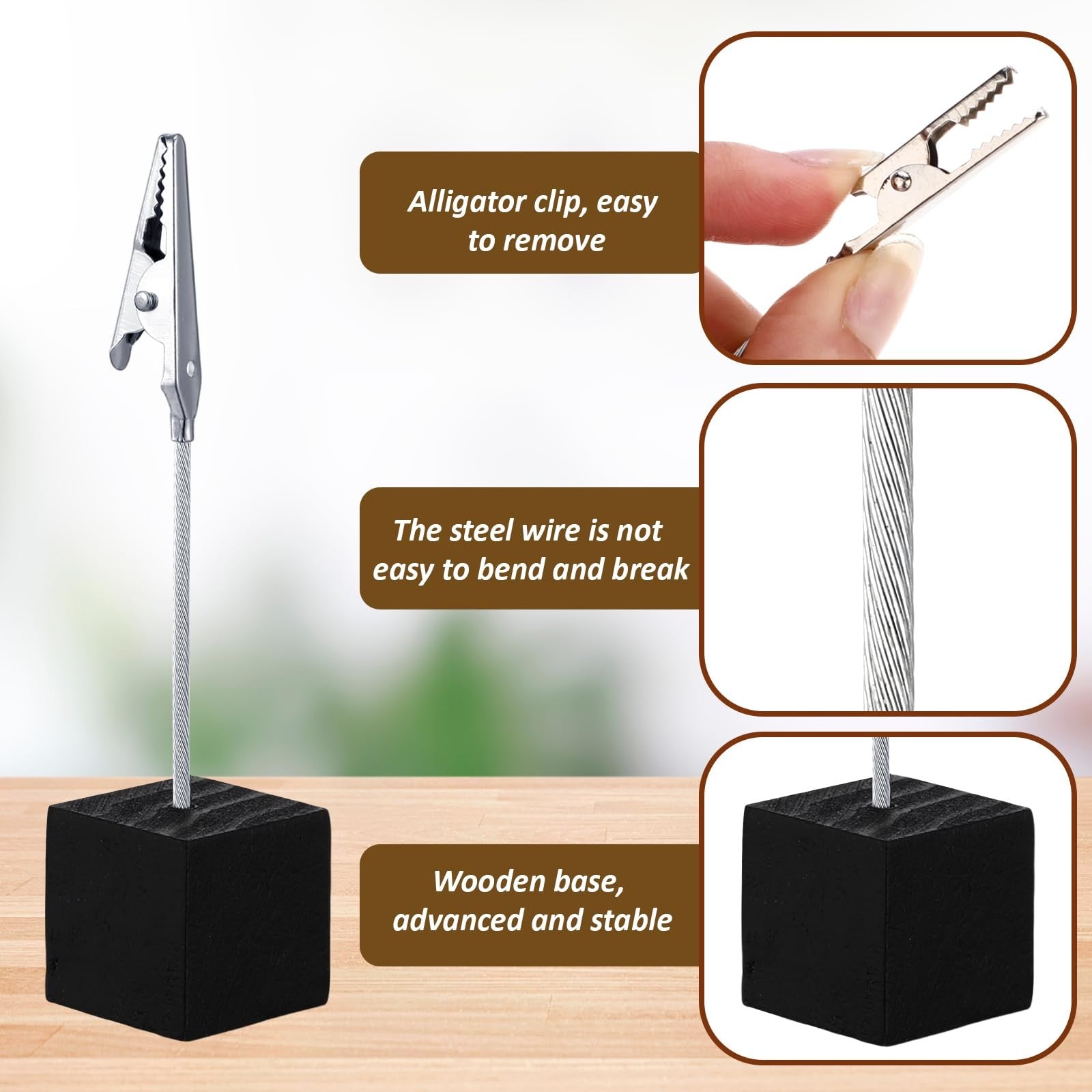Set of 100 Gersoniel cube base memo clips with alligator clips for holding notes or table numbers on wood surfaces.