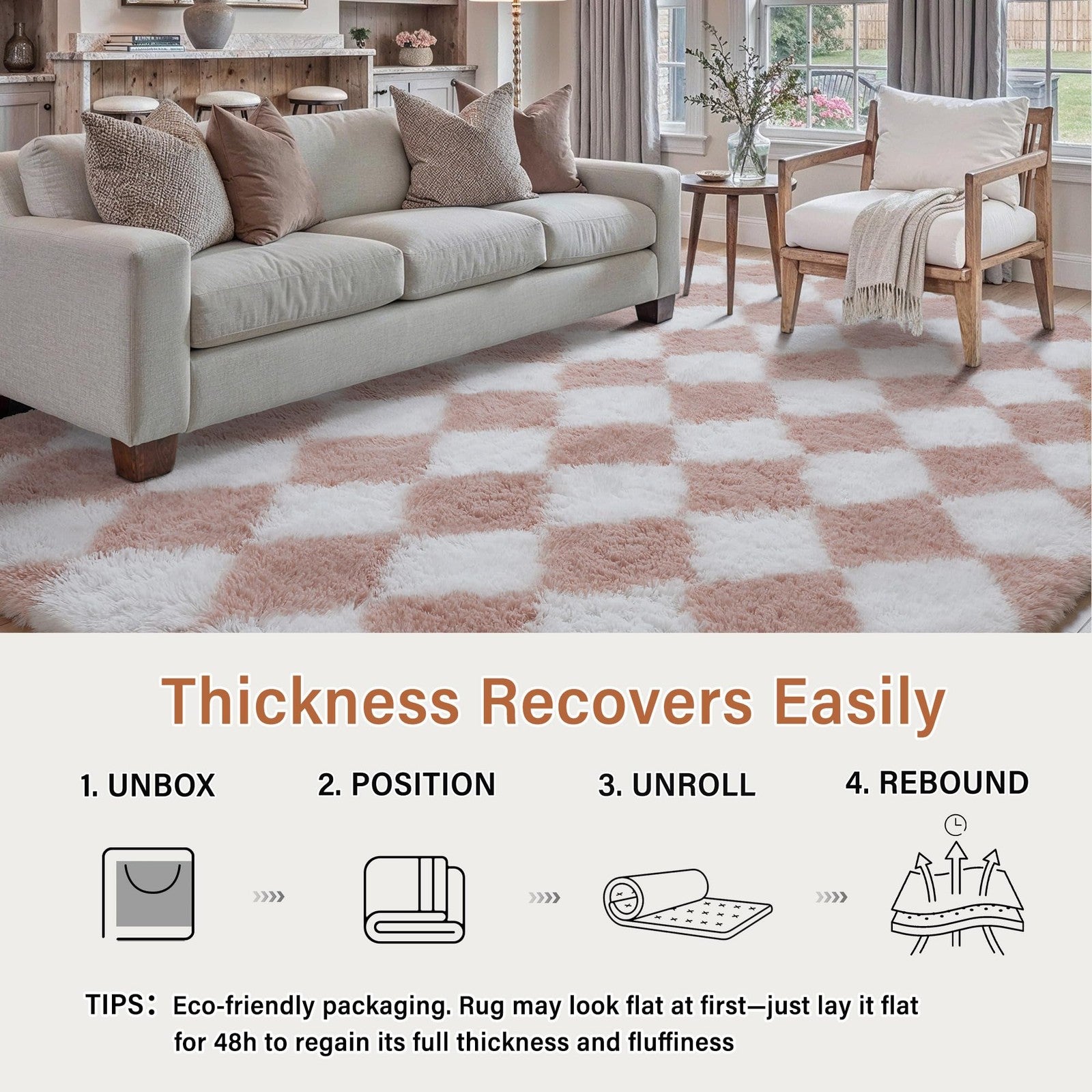 Hugear pink and white checkered shag rug, 5x7 modern fluffy living room rug with soft, plush texture.