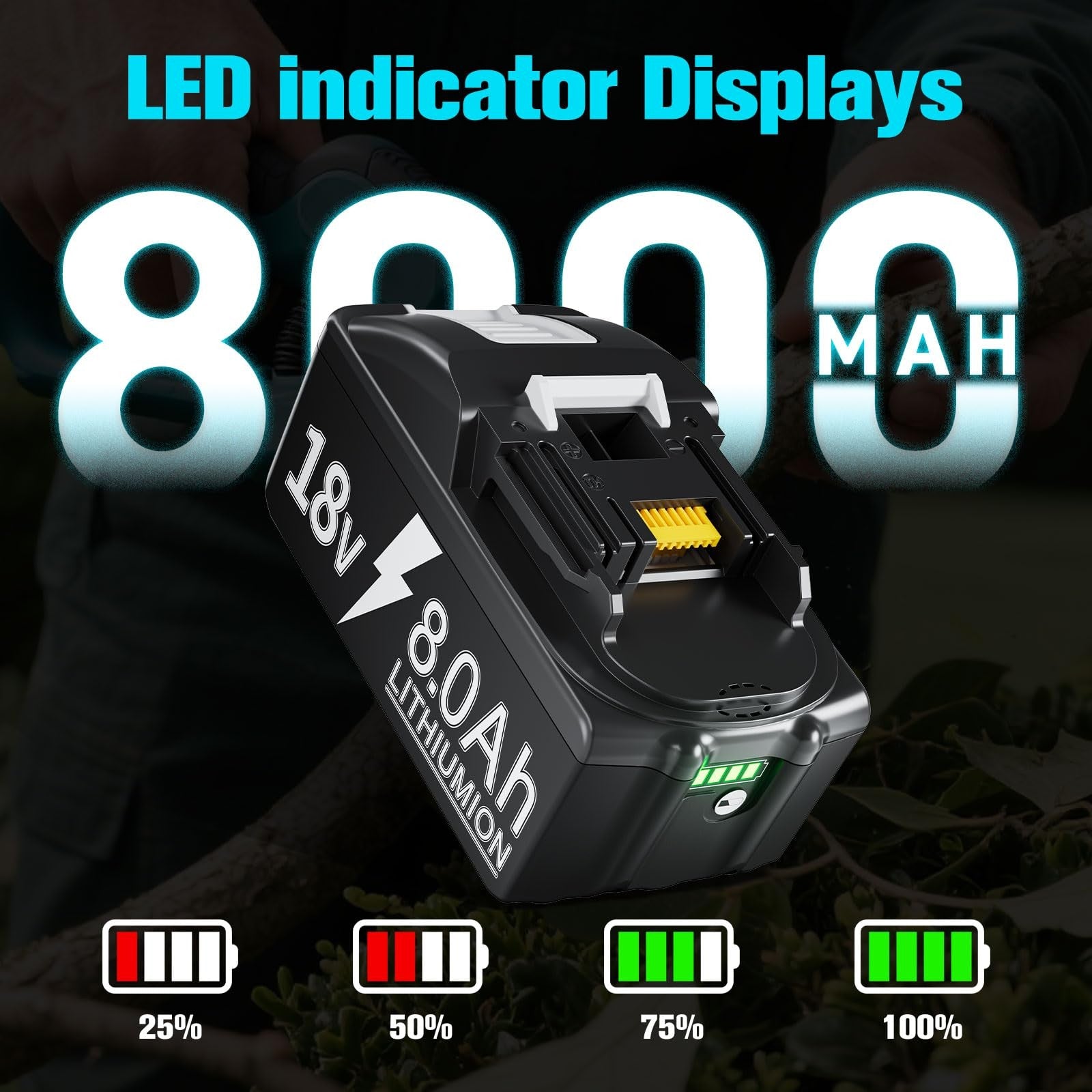 TURPOW upgraded 8.0Ah replacement battery for Makita 18V power tool with double rapid charger, shown with battery and charger in use