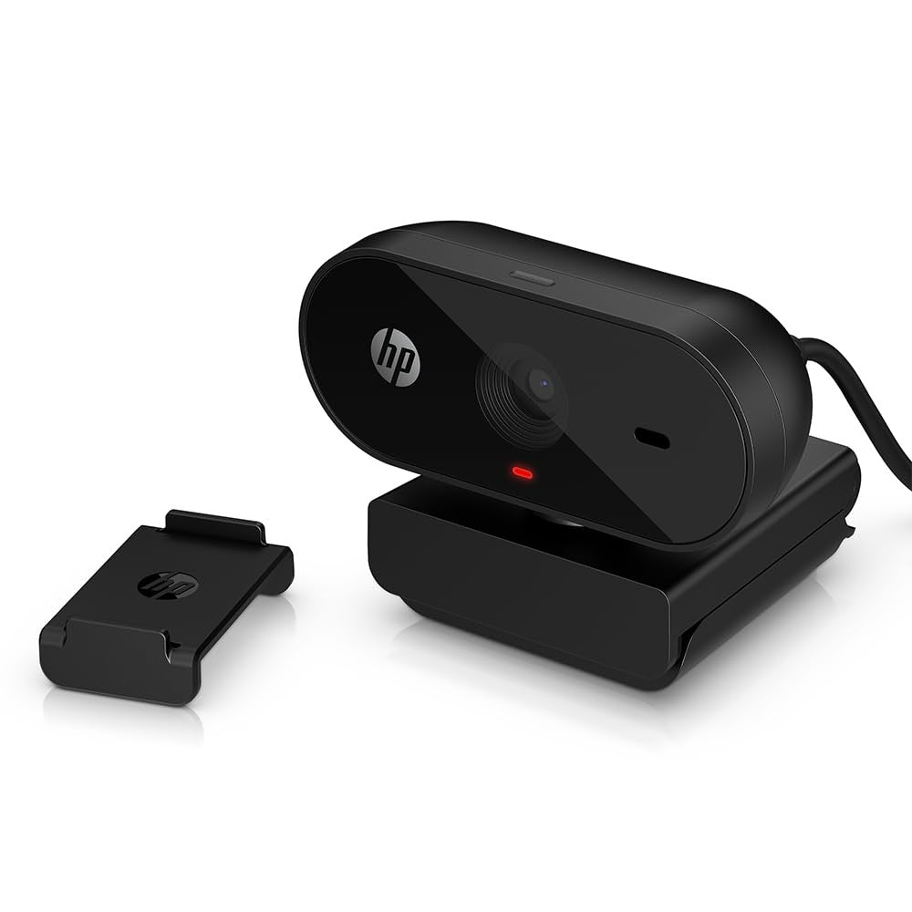 HP 320 FHD webcam with built-in microphone and privacy cover, suitable for desktop computers, USB-A connection.