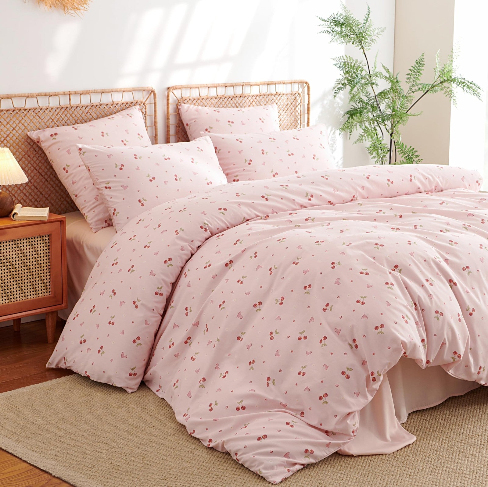Sedefen cherry full-size duvet cover set with red heart design on pink bedding for kids, includes three-piece bedding set.