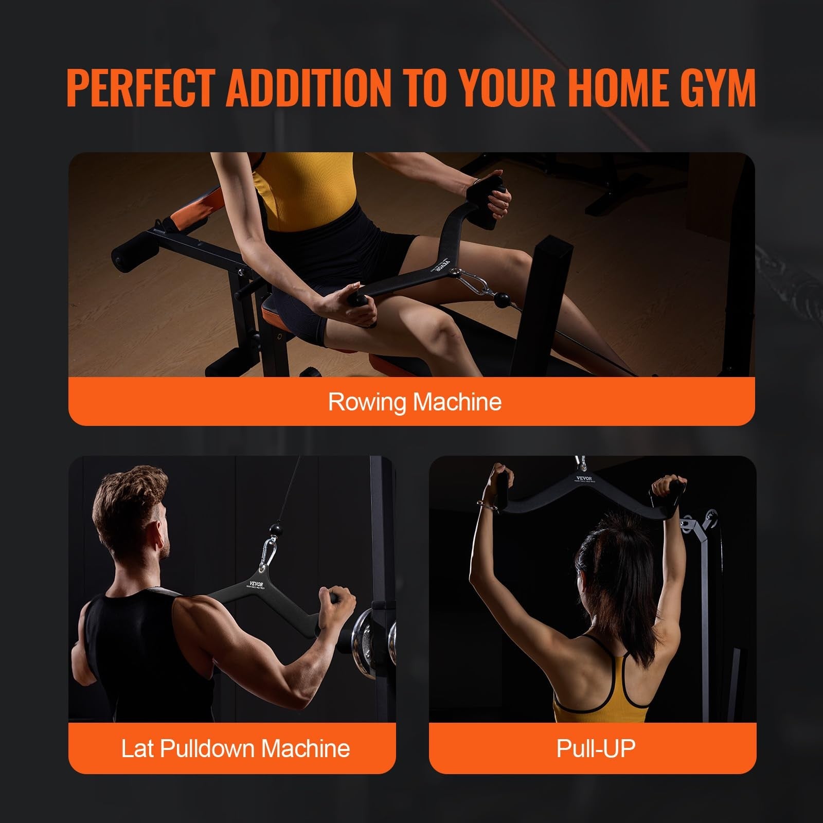 VEVOR LAT pulldown attachment with V-bar for cable machine rowing and tricep exercises, featuring sturdy metal construction.