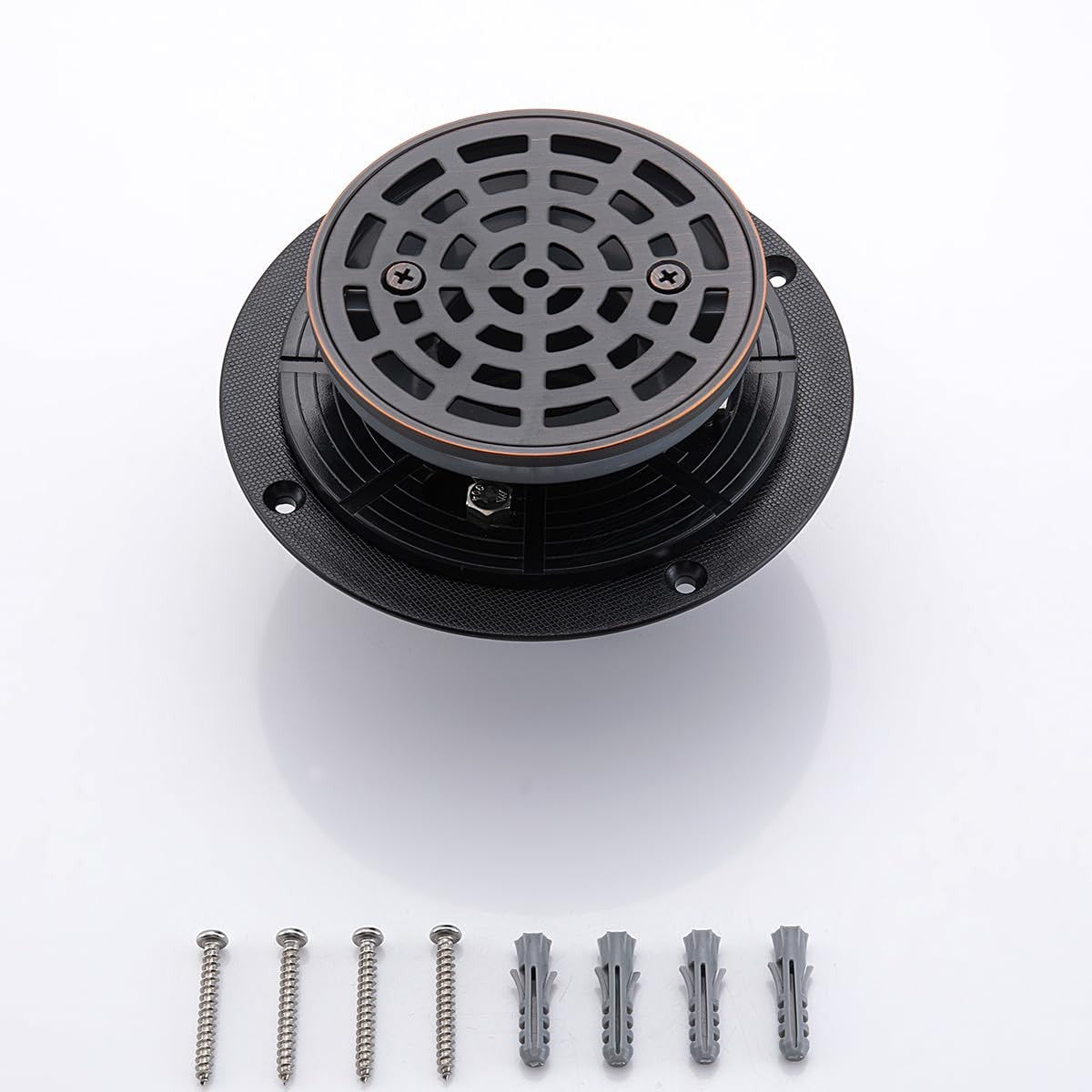 Round stainless steel shower drain with oil-rubbed bronze finish, designed for modern bathroom drainage systems.