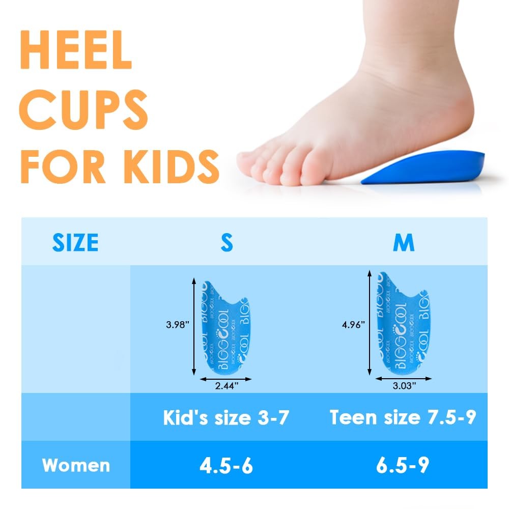 BiggCool Kids' heel cups, lightweight shock-absorbing inserts for children, designed to provide comfort and support in shoes.