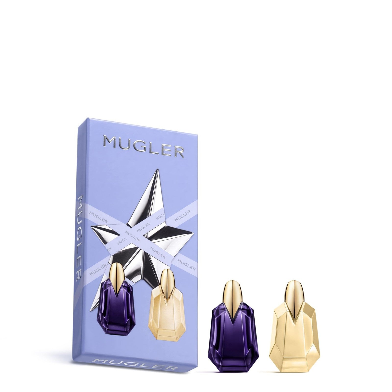Mini gift set of Mugler Alien and Alien Goddess women's fragrances featuring floral and woody scents, includes two fragrance bottles.