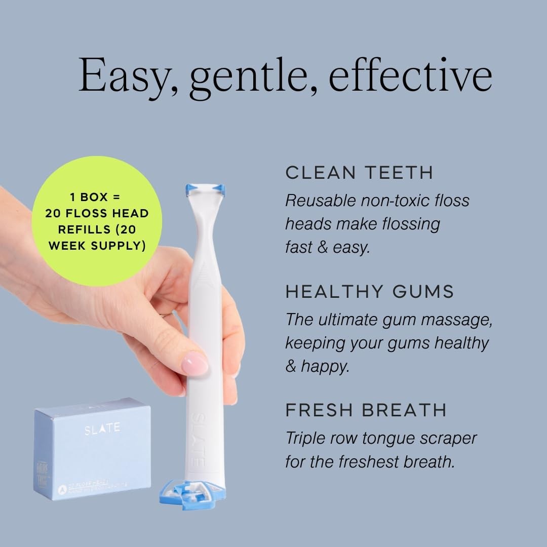 Slate Flosser refills featuring reusable woven dental floss, PFAS-free and non-toxic, shown in the image.