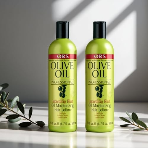 ORS Olive Oil Incredibly Rich Moisturizing Hair Lotion 23oz two-pack, showing the bottles with labels and rich hair care formula.