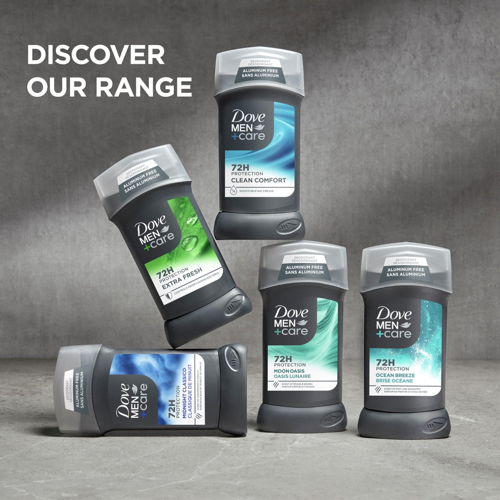 DOVE MEN + CARE Aluminum Free Deodorant Rustic Sandalwood 3oz 3-pack with clear plastic containers and labels showing scent and brand.