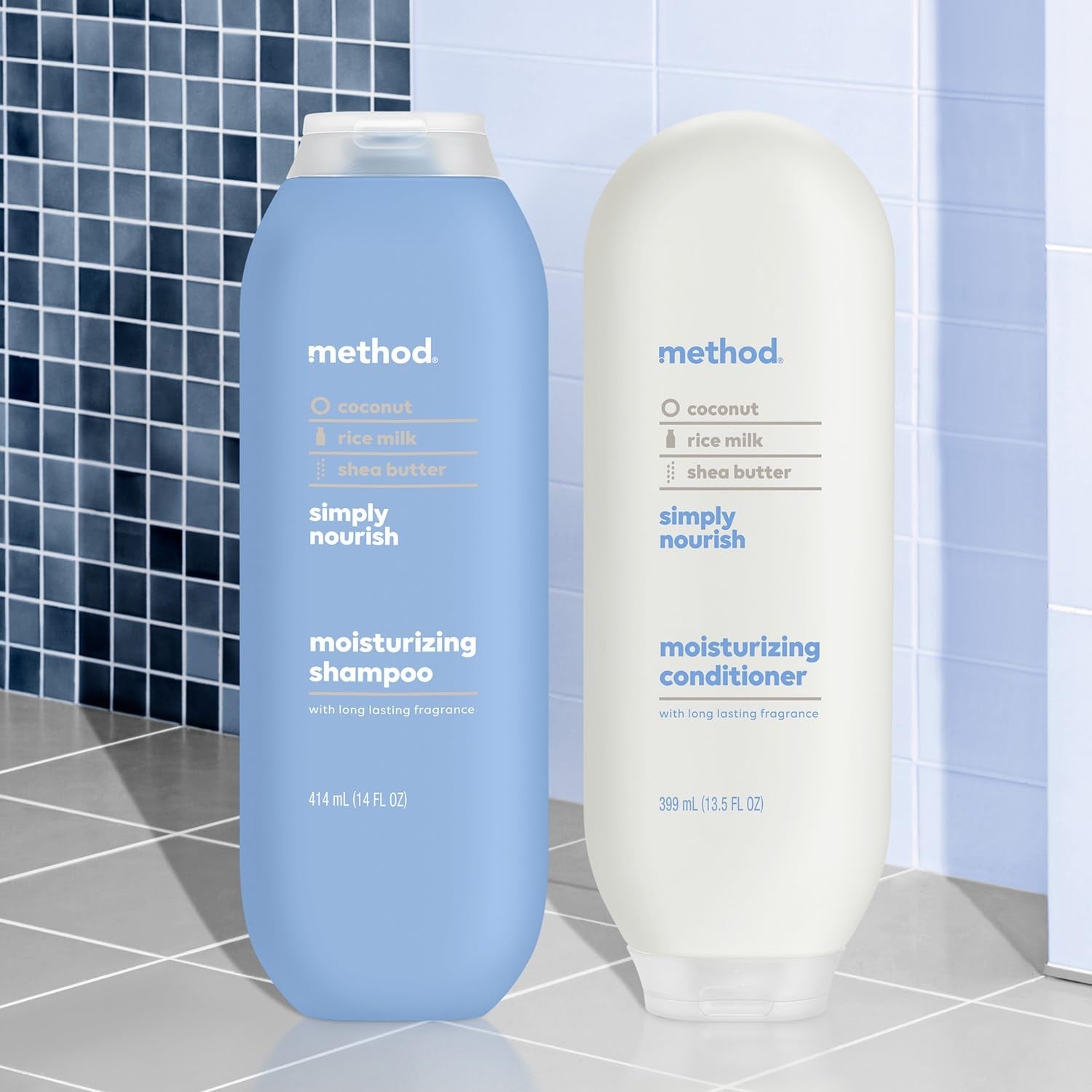 Method Simply Nourish body wash and hair care gift set with bottles and packaging on a white background.